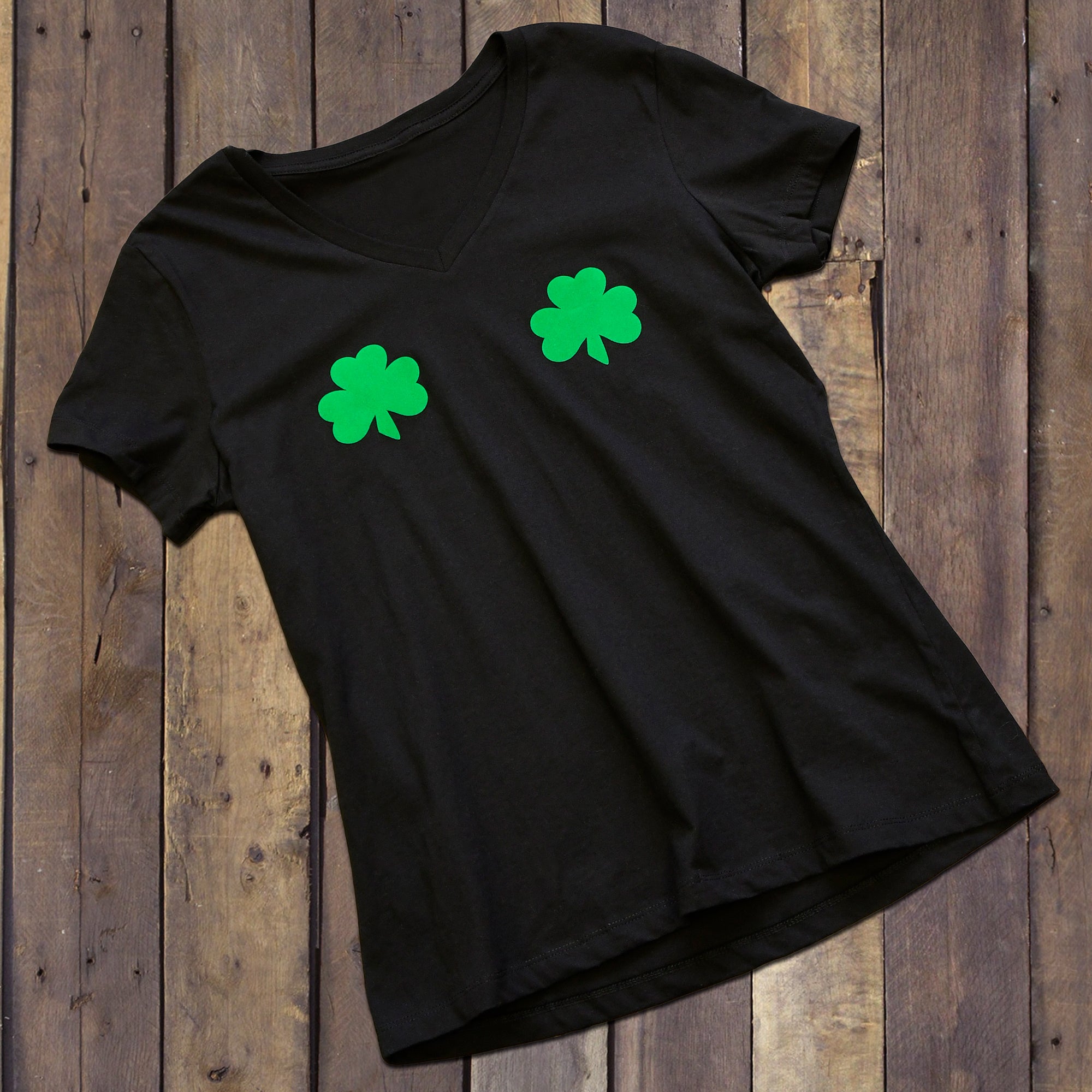 Lucky Green Shamrocks Black V-Neck Boobies Tee Shirt