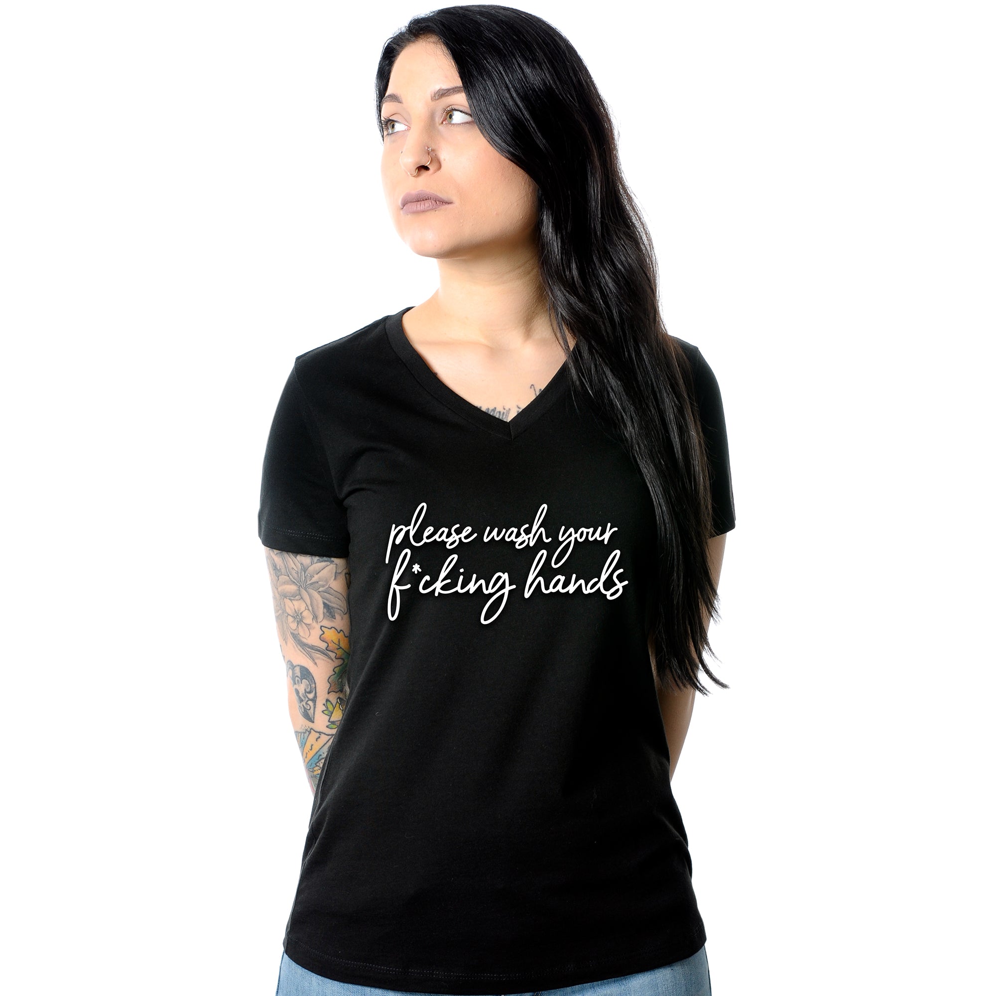 Cursive Please Wash Your F*cking Hands Tapered V-Neck Tee