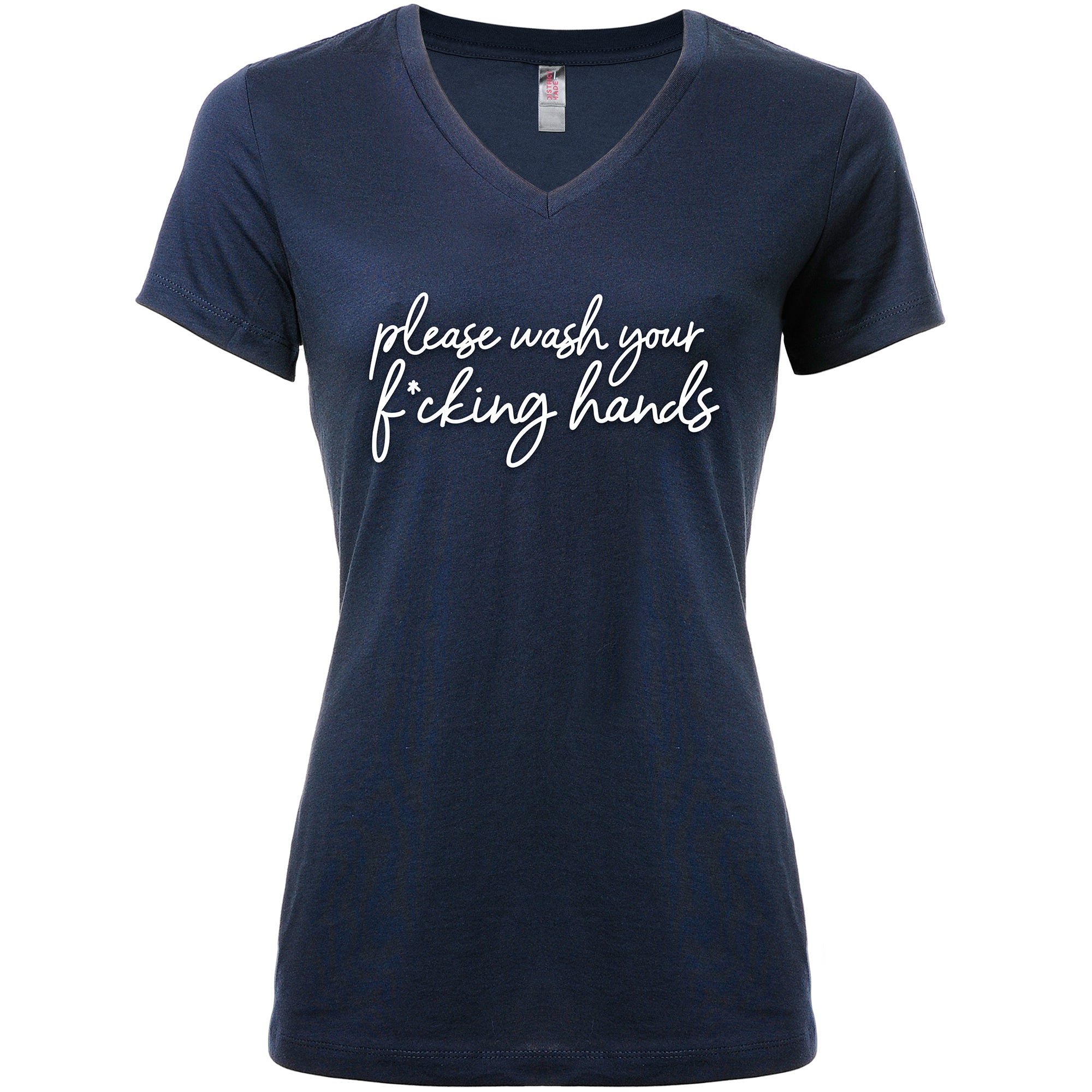 Cursive Please Wash Your F*cking Hands Tapered V-Neck Tee