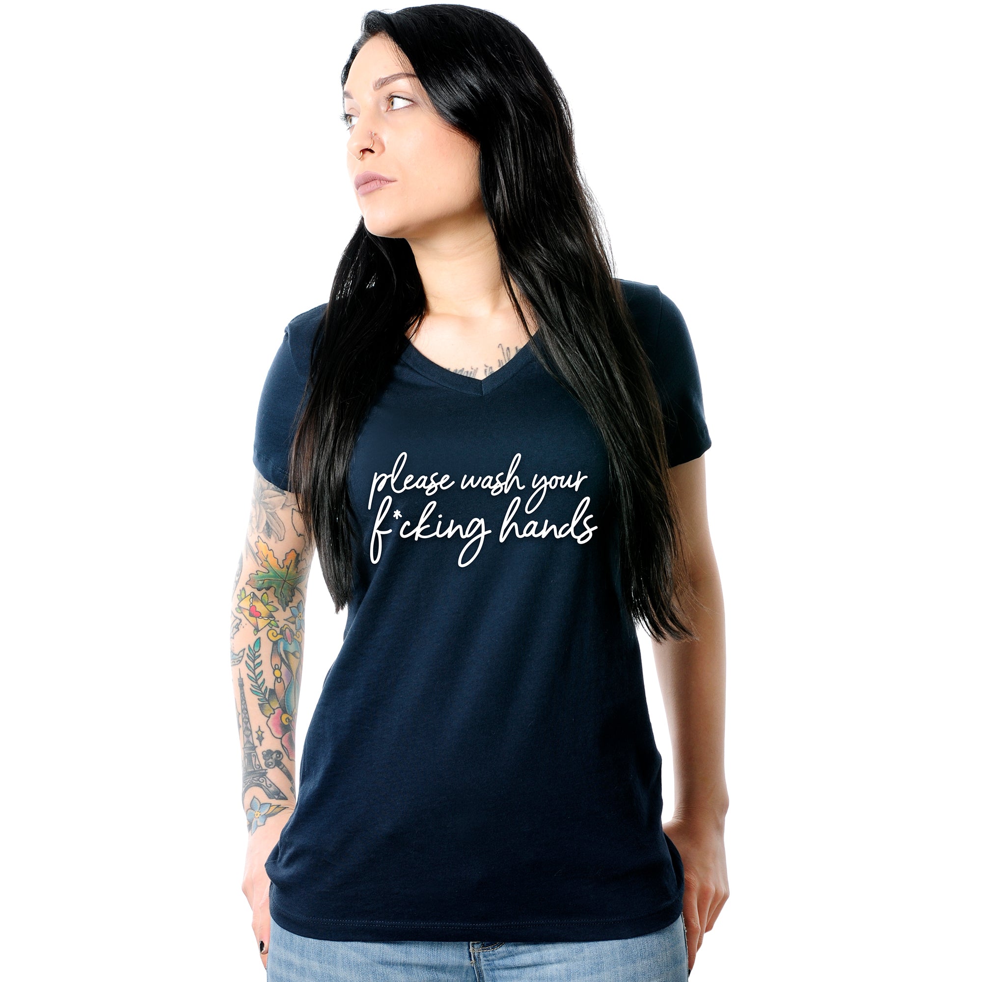 Cursive Please Wash Your F*cking Hands Tapered V-Neck Tee