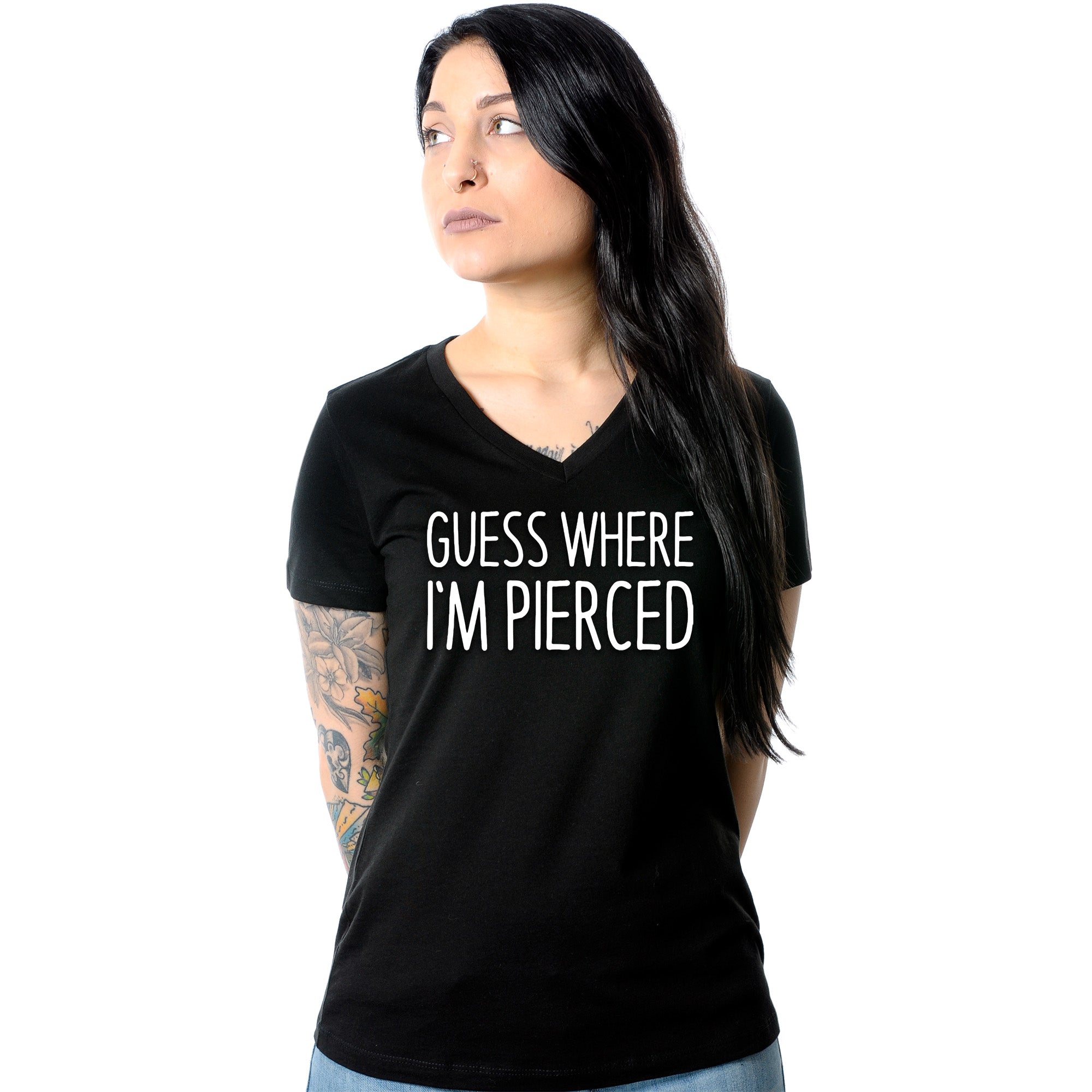 Guess Where I'm Pierced Black Tapered V-Neck Tee Shirt