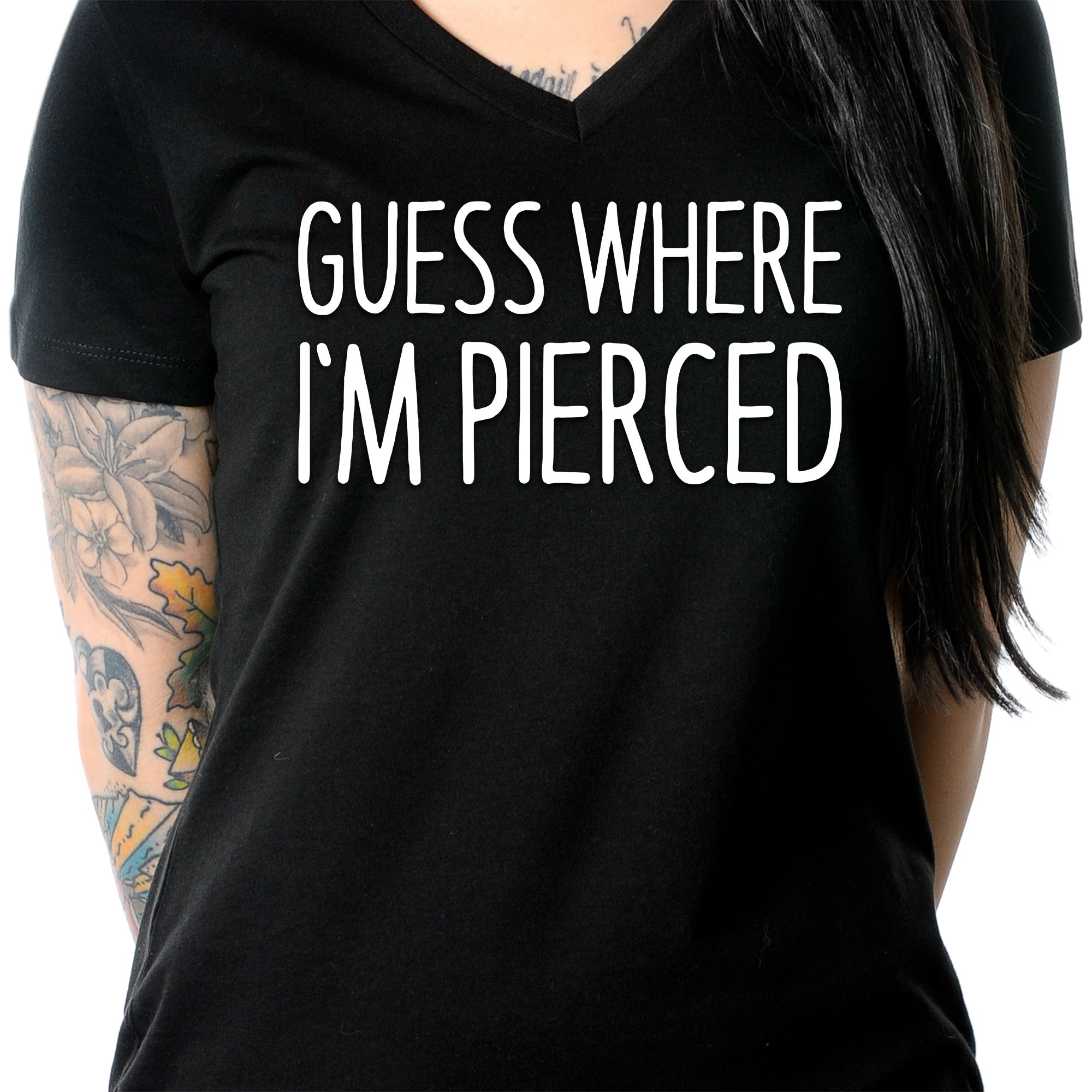 Guess Where I'm Pierced Black Tapered V-Neck Tee Shirt