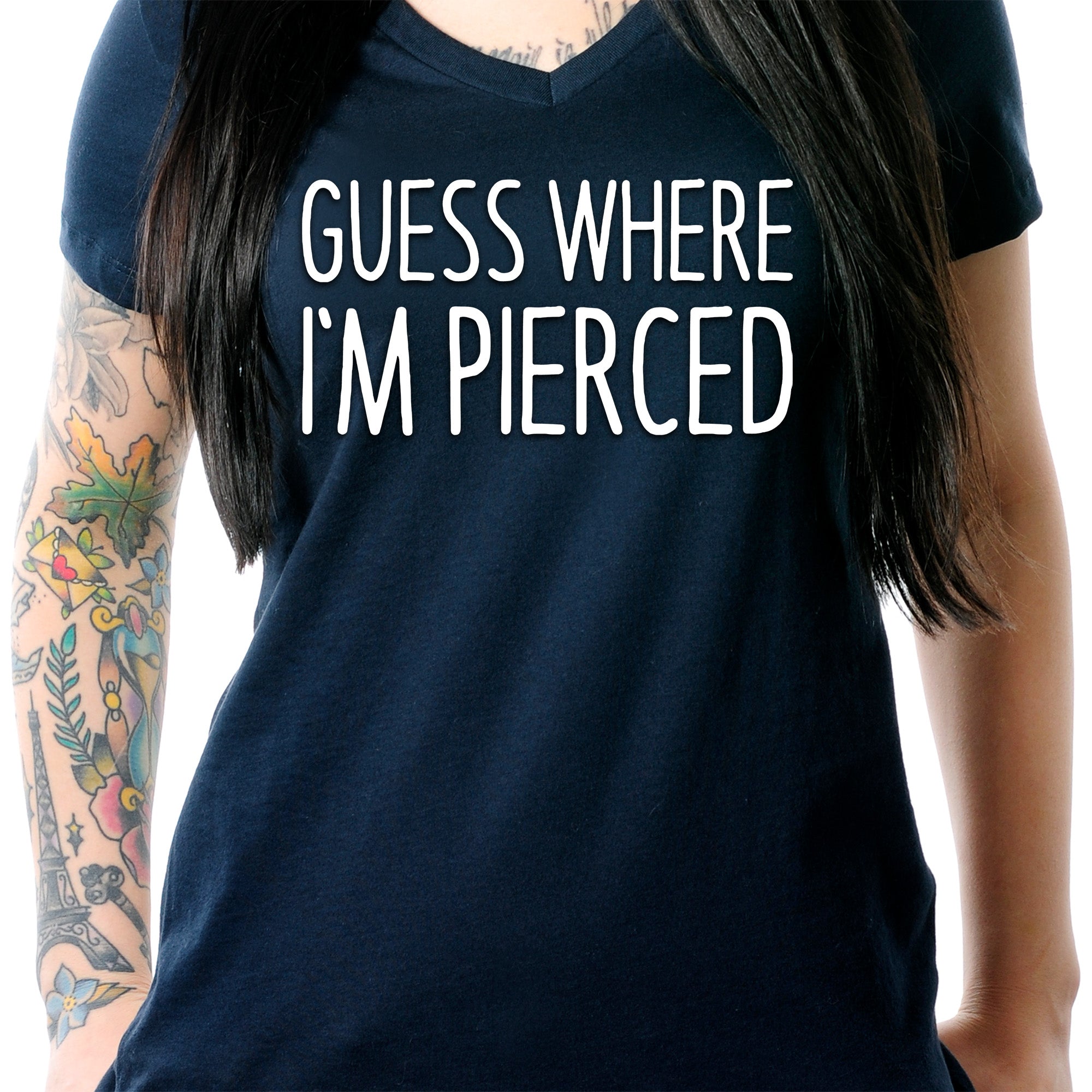 Guess Where I'm Pierced Navy Tapered V-Neck Tee Shirt