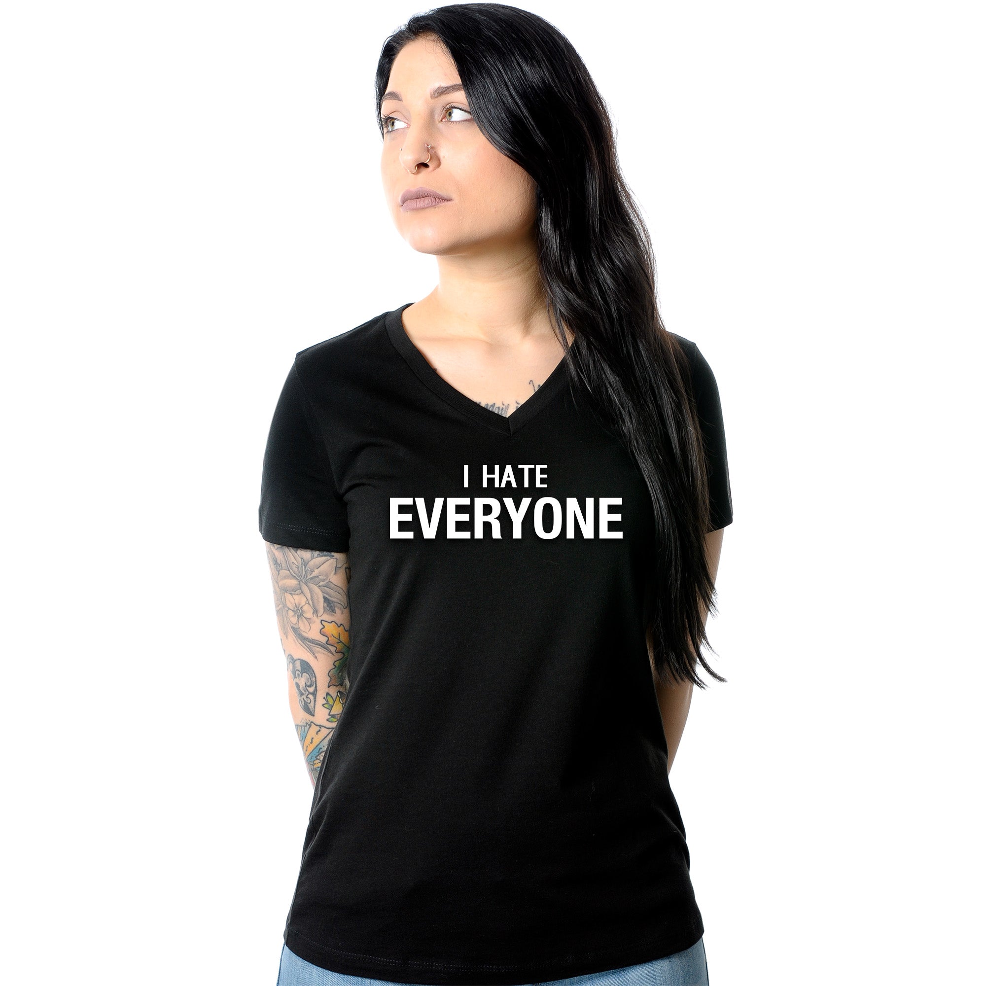 I hate everyone Black Tapered V-Neck Tee Shirt