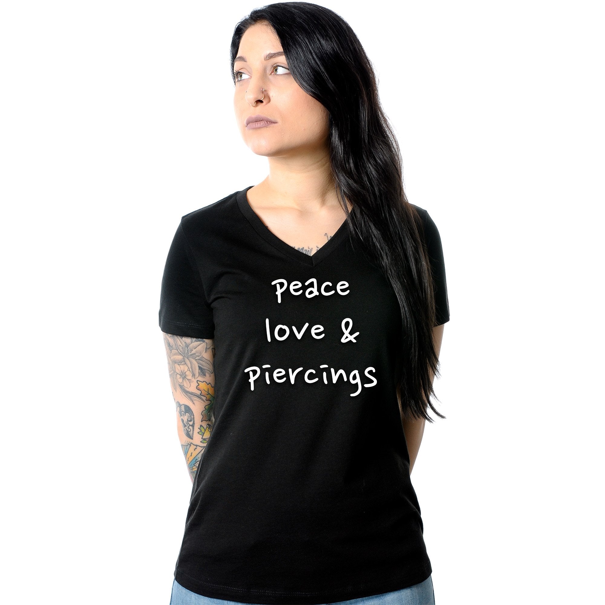 Peace Love & Piercings Black Tapered V-Neck Tee Shirt