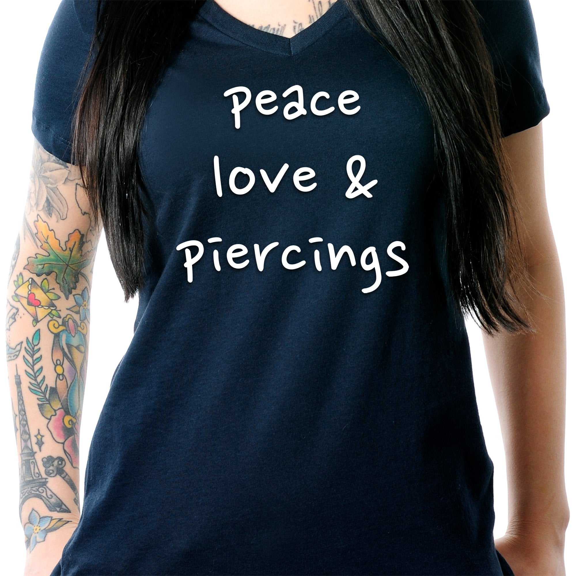 Peace Love & Piercings Black Tapered V-Neck Tee Shirt