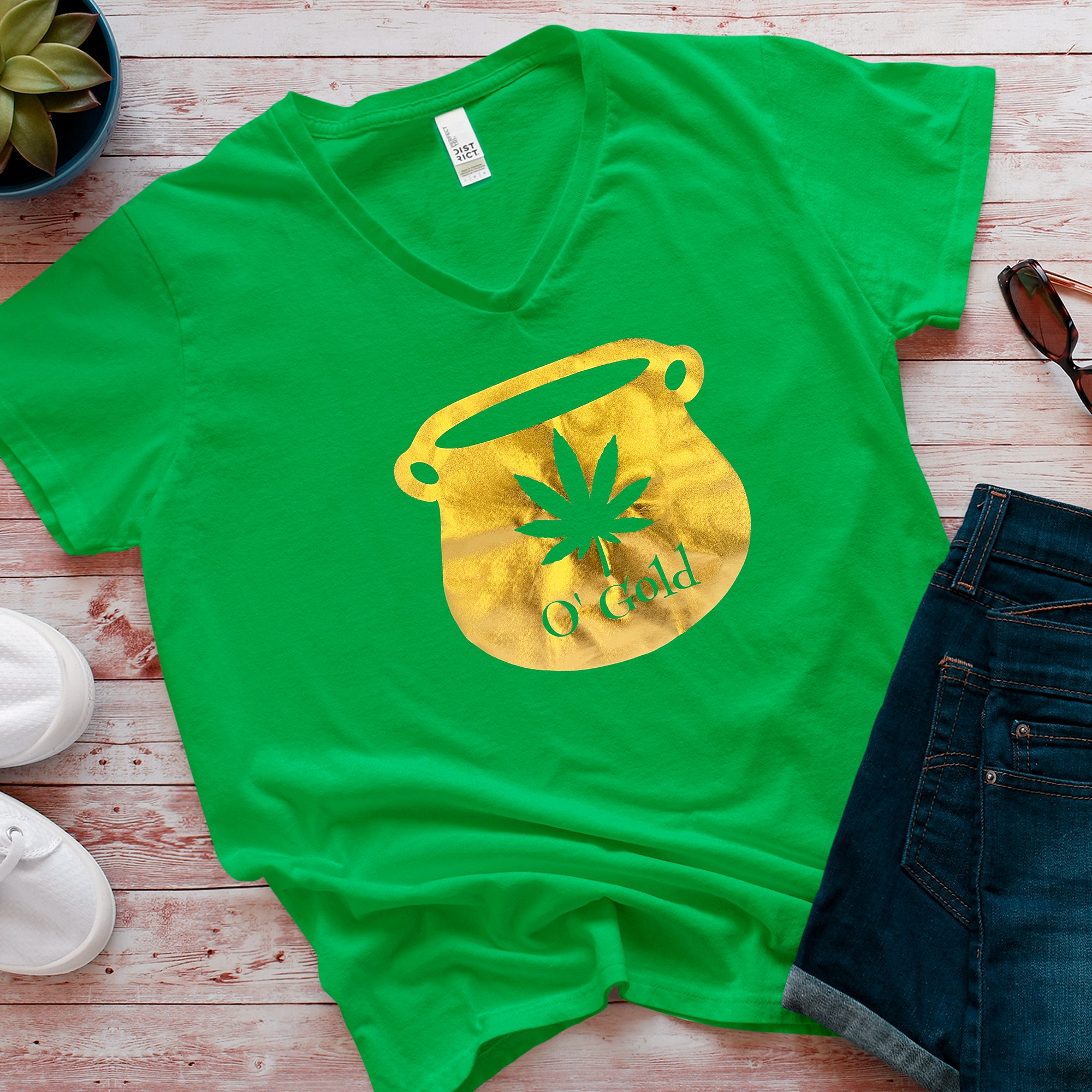 Pot Leaf Pot of Gold Green Frost V-Neck Tee Shirt