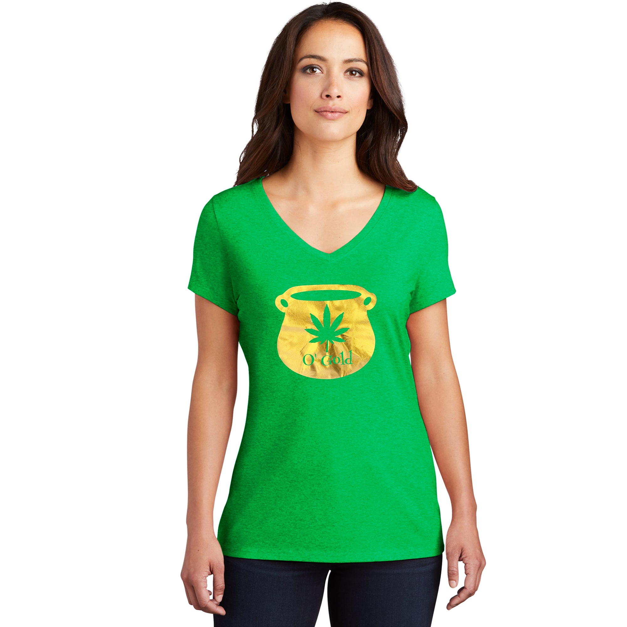 Pot Leaf Pot of Gold Green Frost V-Neck Tee Shirt