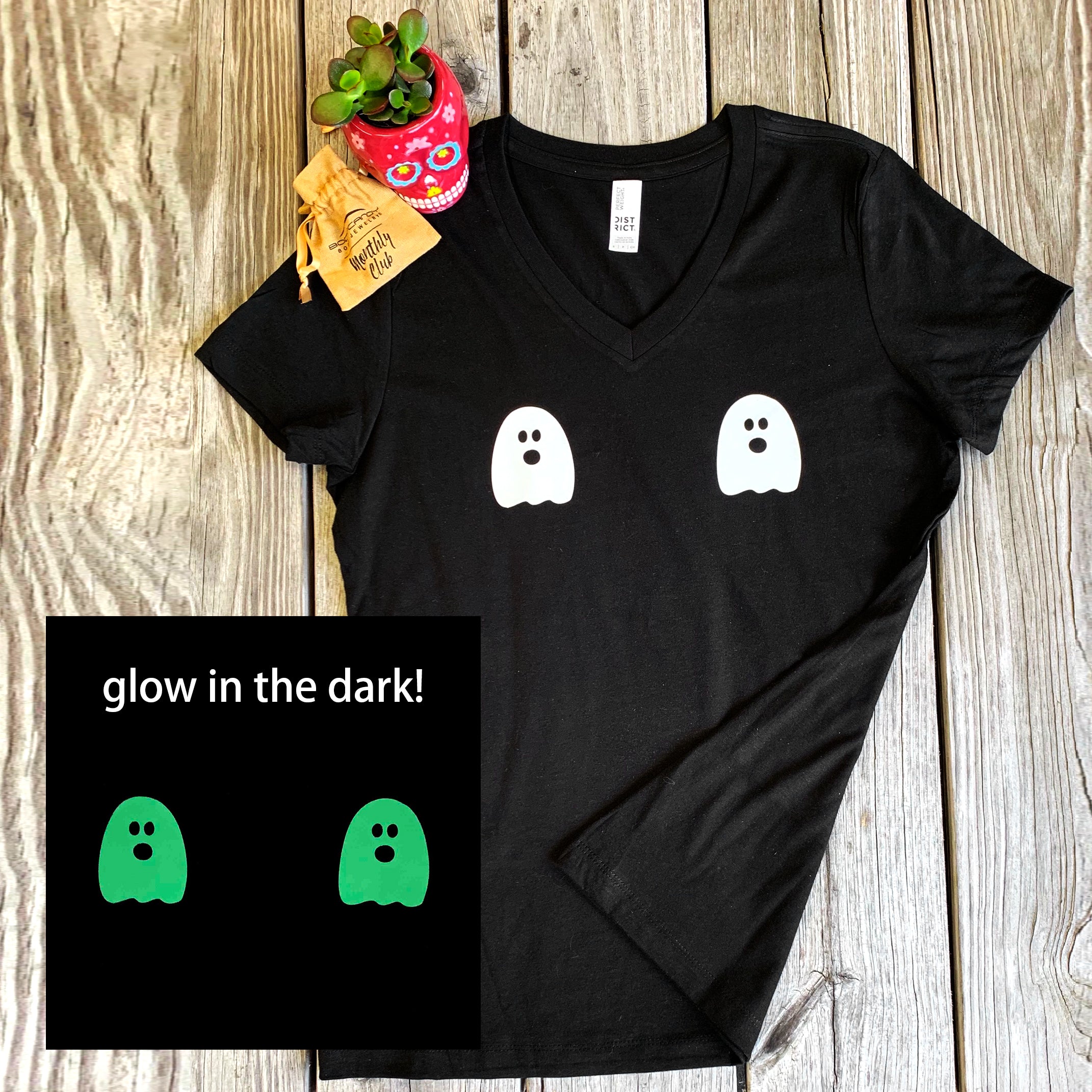 Halloween Glow in the Dark Ghost Boobies Tee V-Neck Tee Shirt 100% Cotton