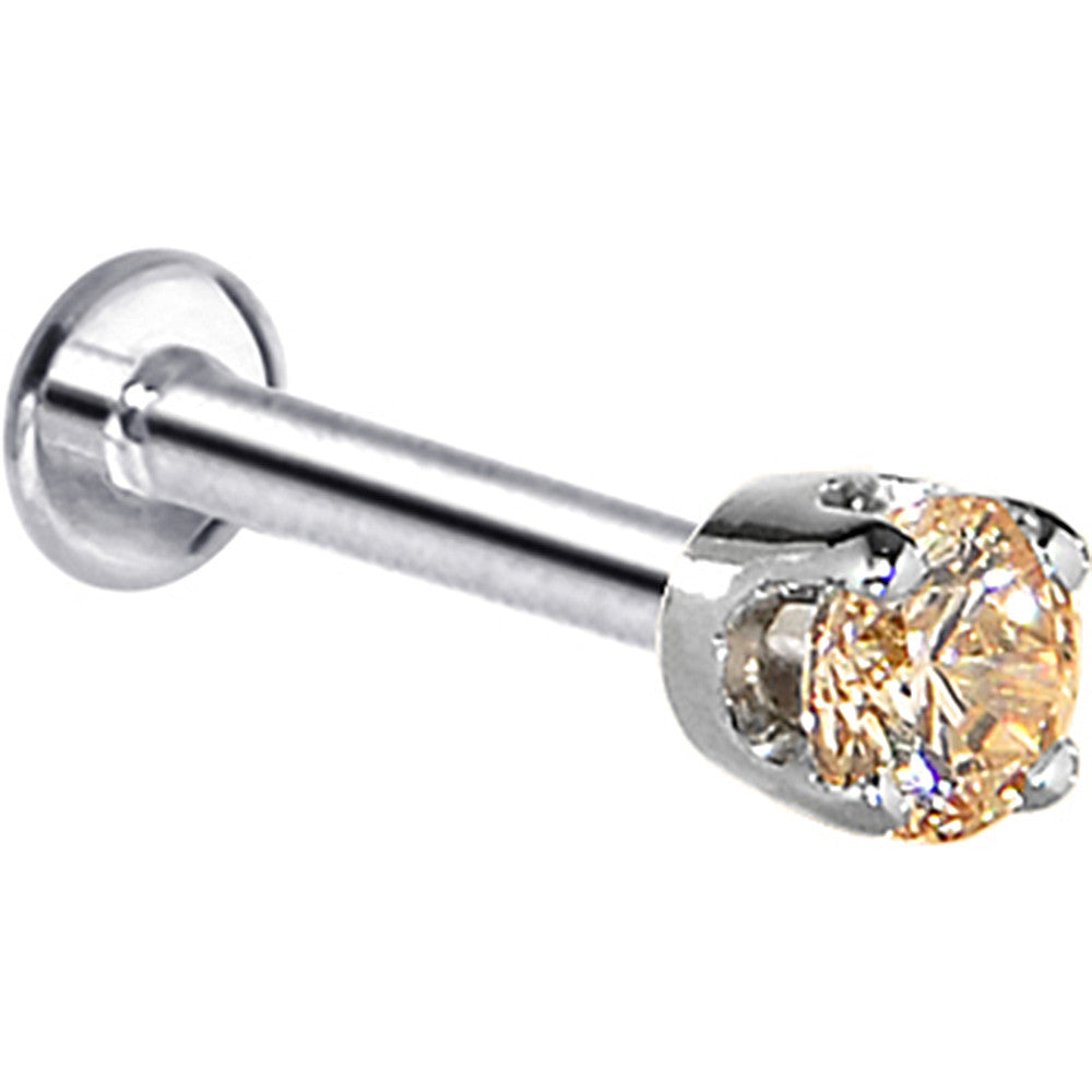 16 Gauge Solid 14KT White Gold 3mm Champagne Cubic Zirconia Tragus Earring Stud