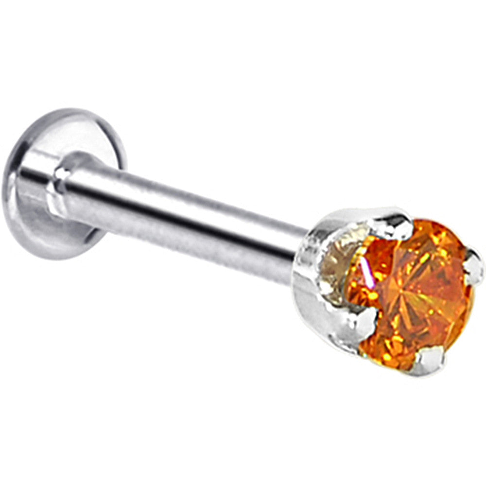 16 Gauge Solid 14KT White Gold 3mm Orange Cubic Zirconia Tragus Earring Stud