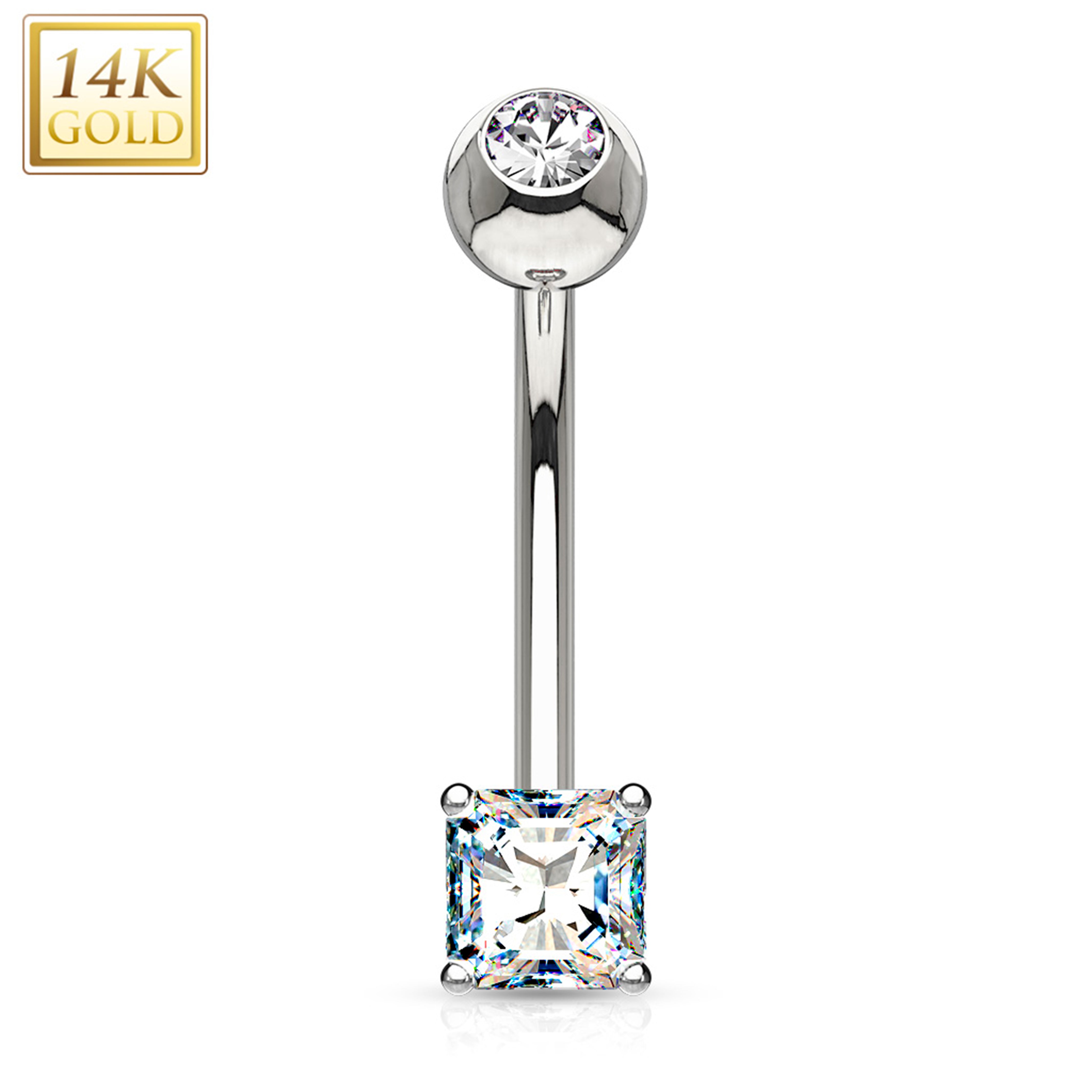 14k Solid White Gold Prong Set 4mm Princess Cut CZ Belly Ring