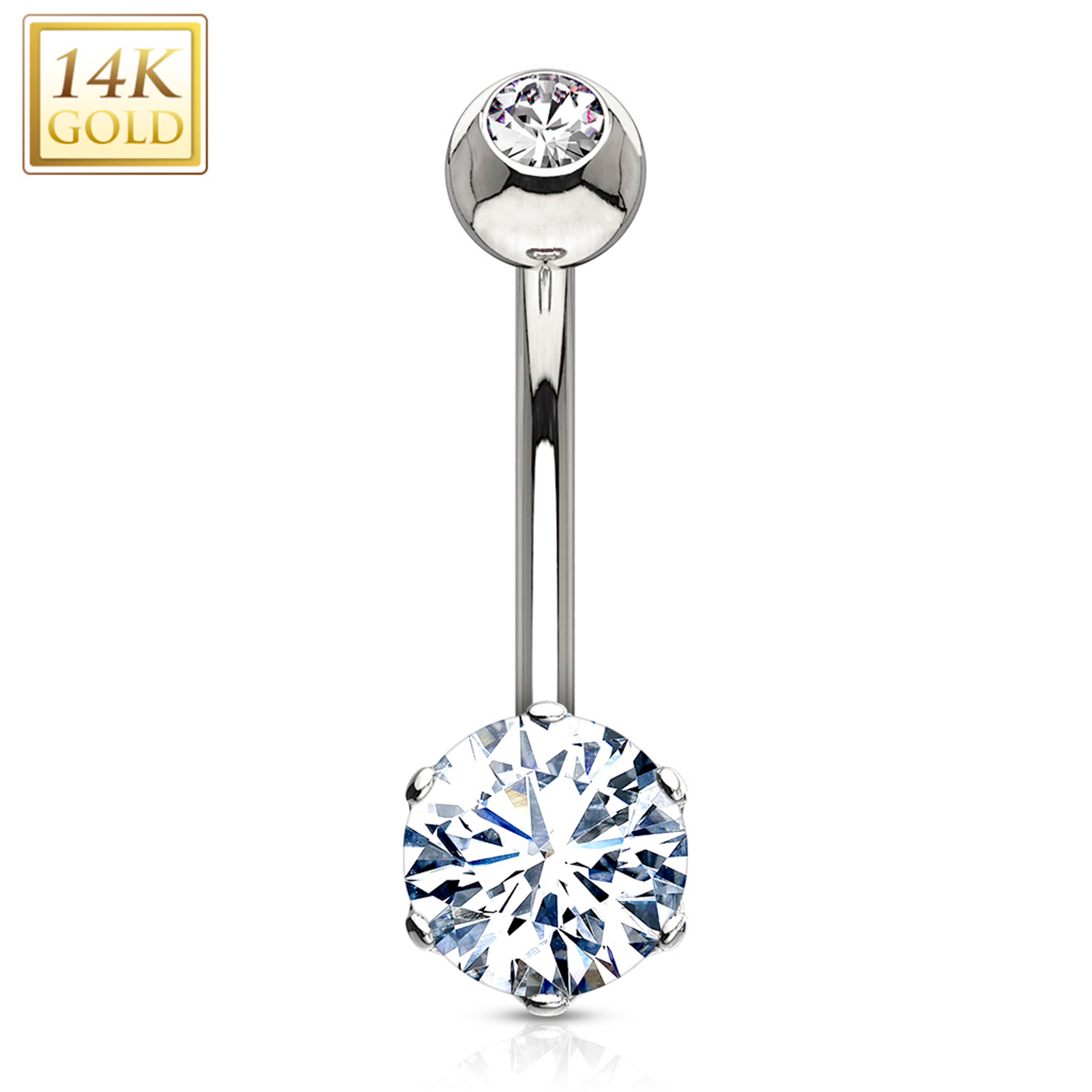 14kt Solid White Gold 6-Prong Set 6mm CZ Belly Ring