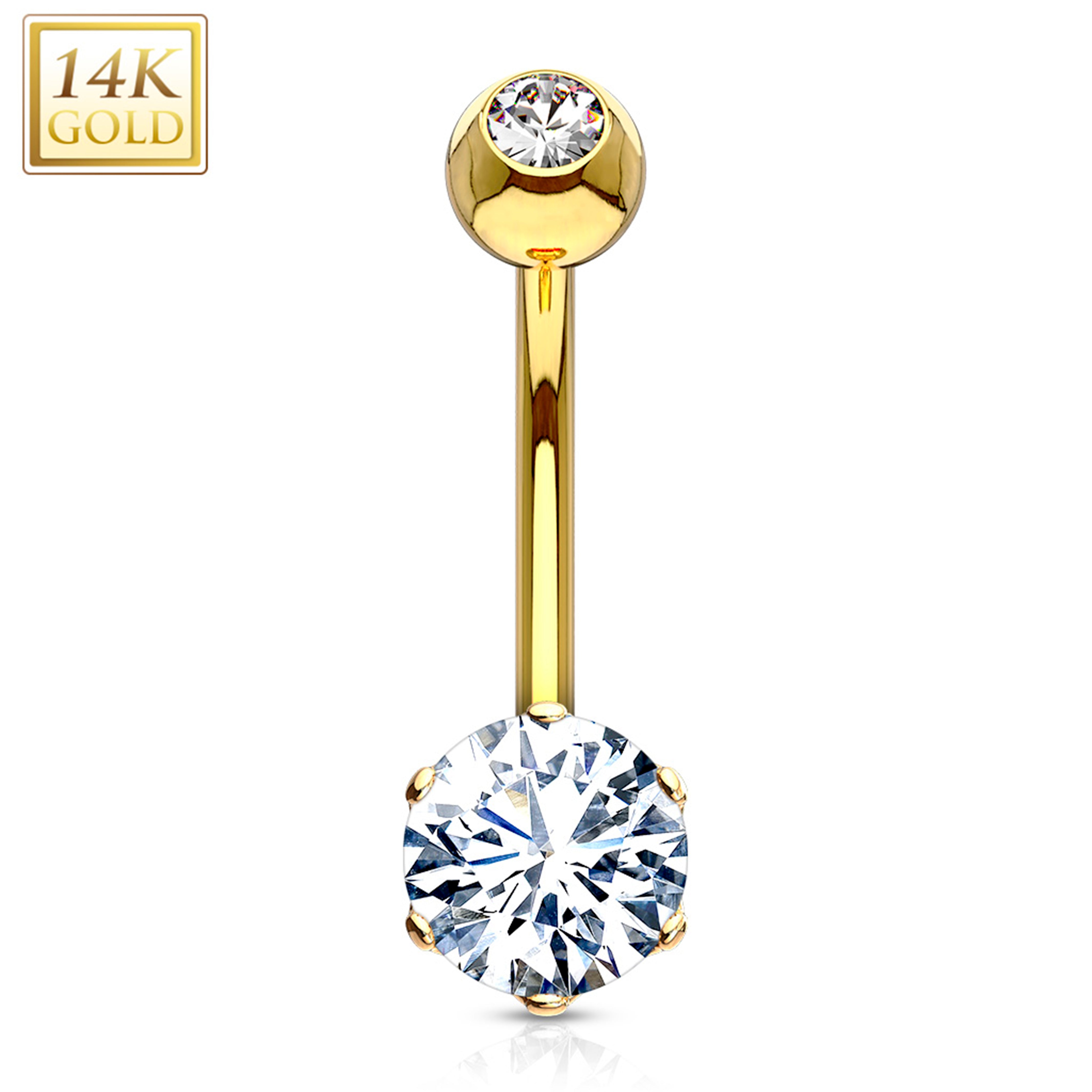 14kt Solid Yellow Gold 6-Prong Set 6mm CZ Belly Ring