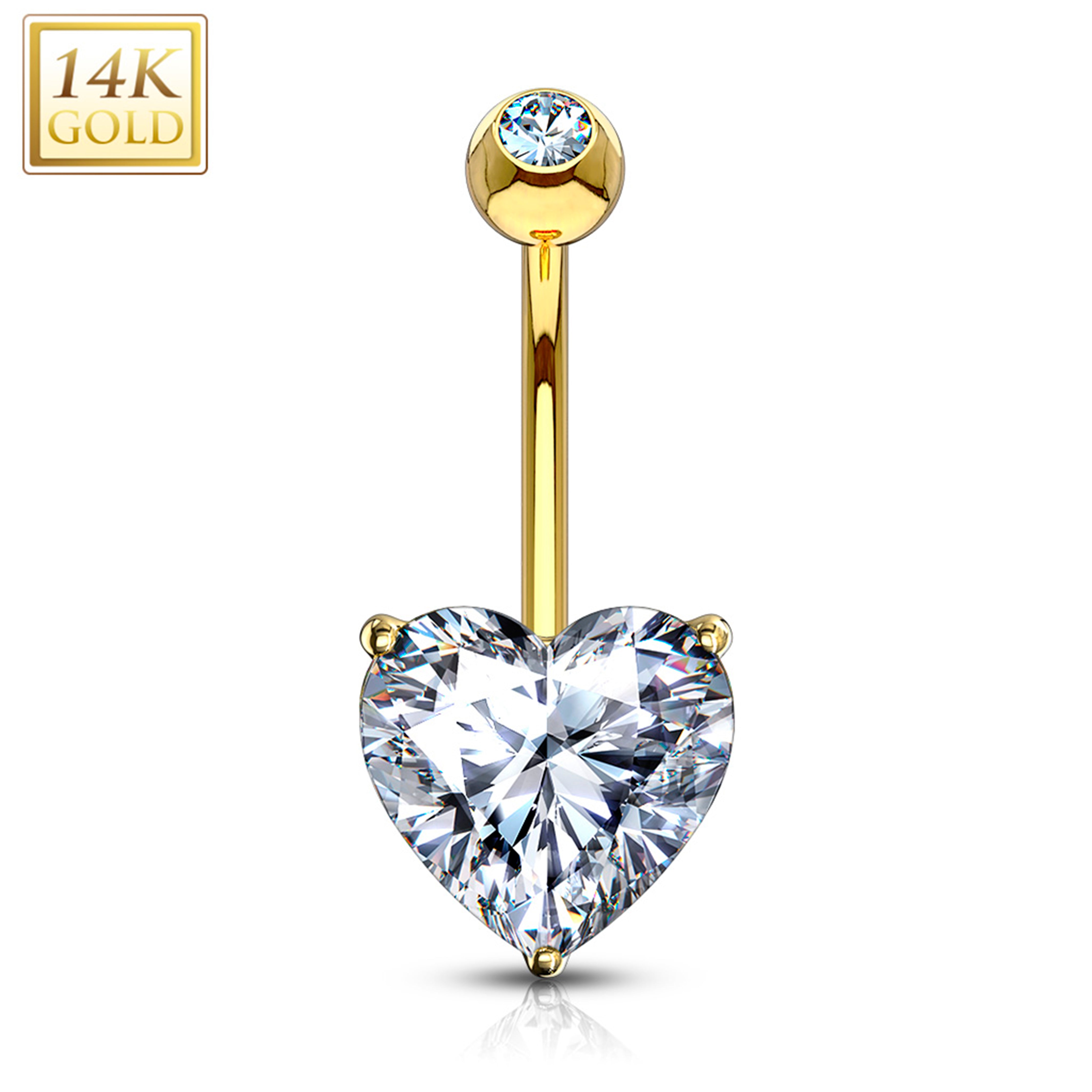 14kt Solid Yellow Gold Prong Set 6mm CZ Heart Belly Ring