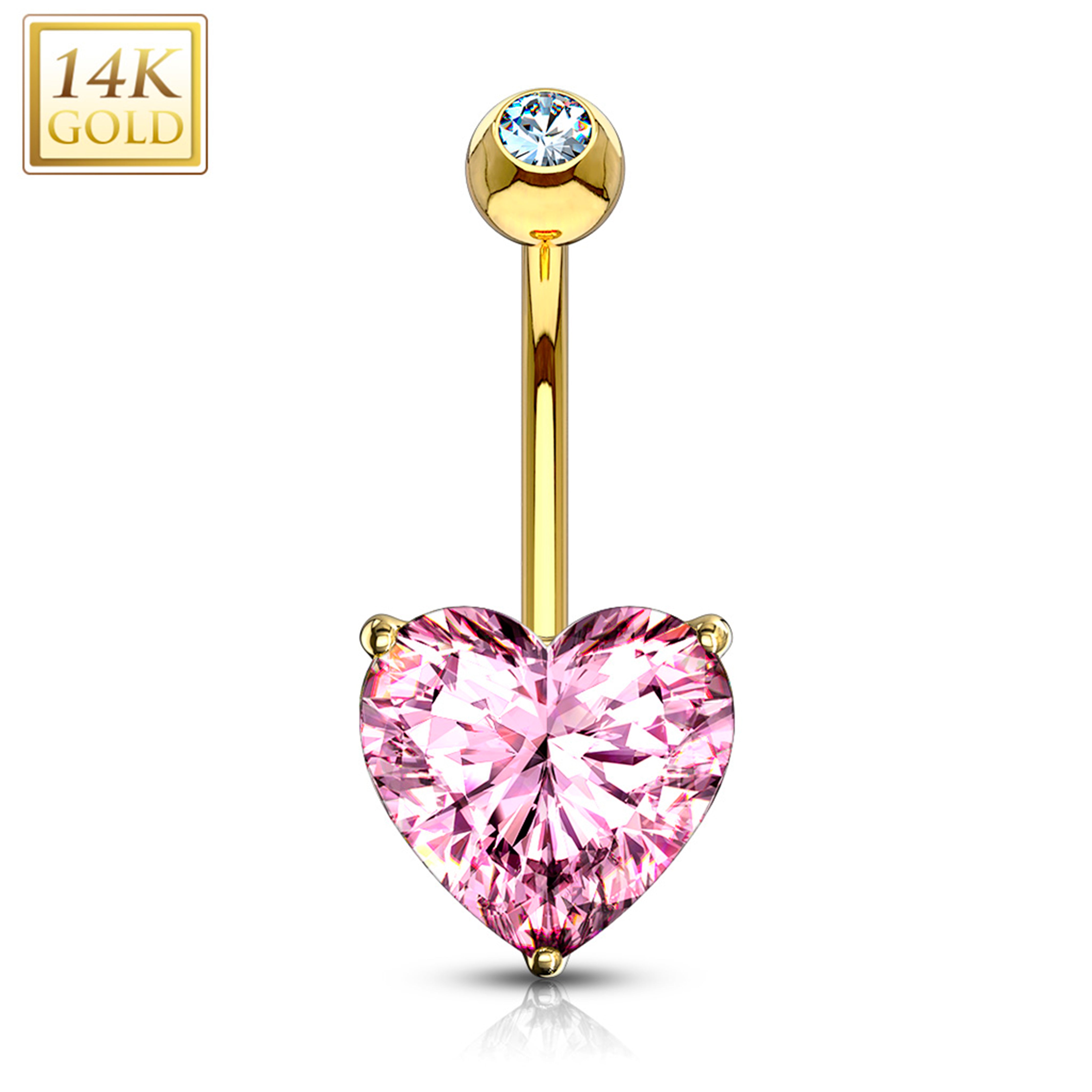 14kt Solid Yellow Gold Prong Set Pink 6mm CZ Heart Belly Ring