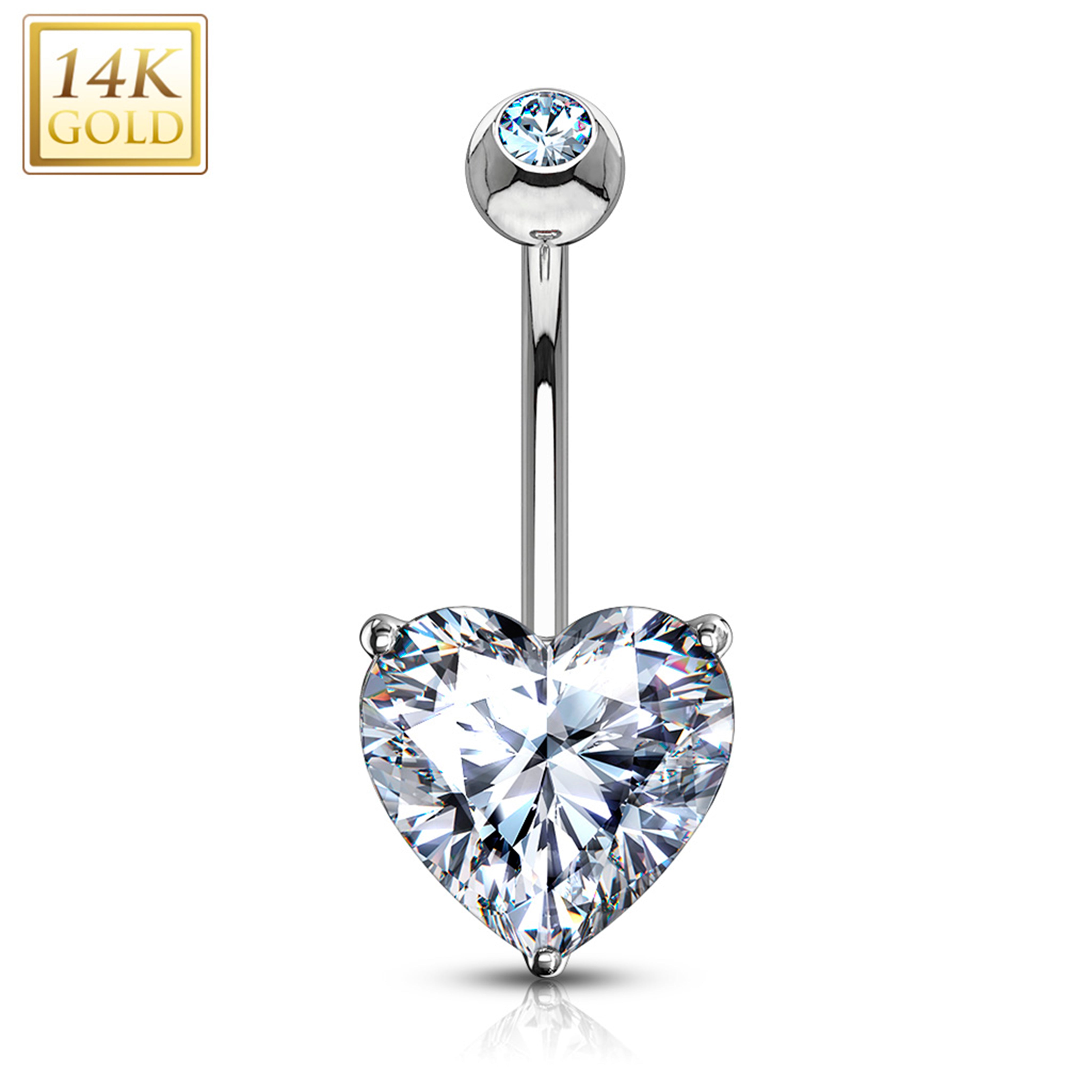 14kt Solid White Gold Prong Set 8mm CZ Heart Belly Ring