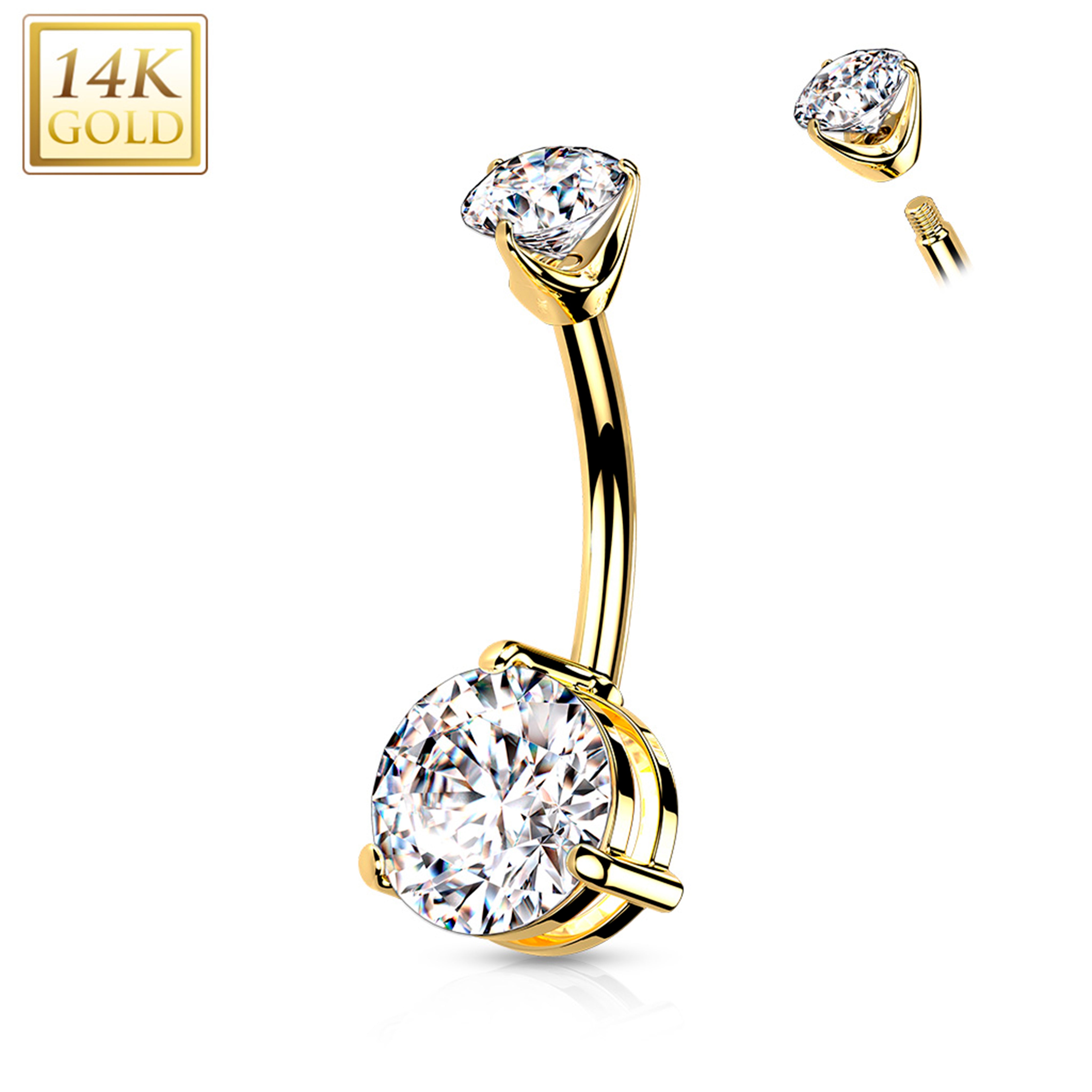 14kt Solid Yellow Gold Double Prong Set Cubic Zirconia Belly Ring