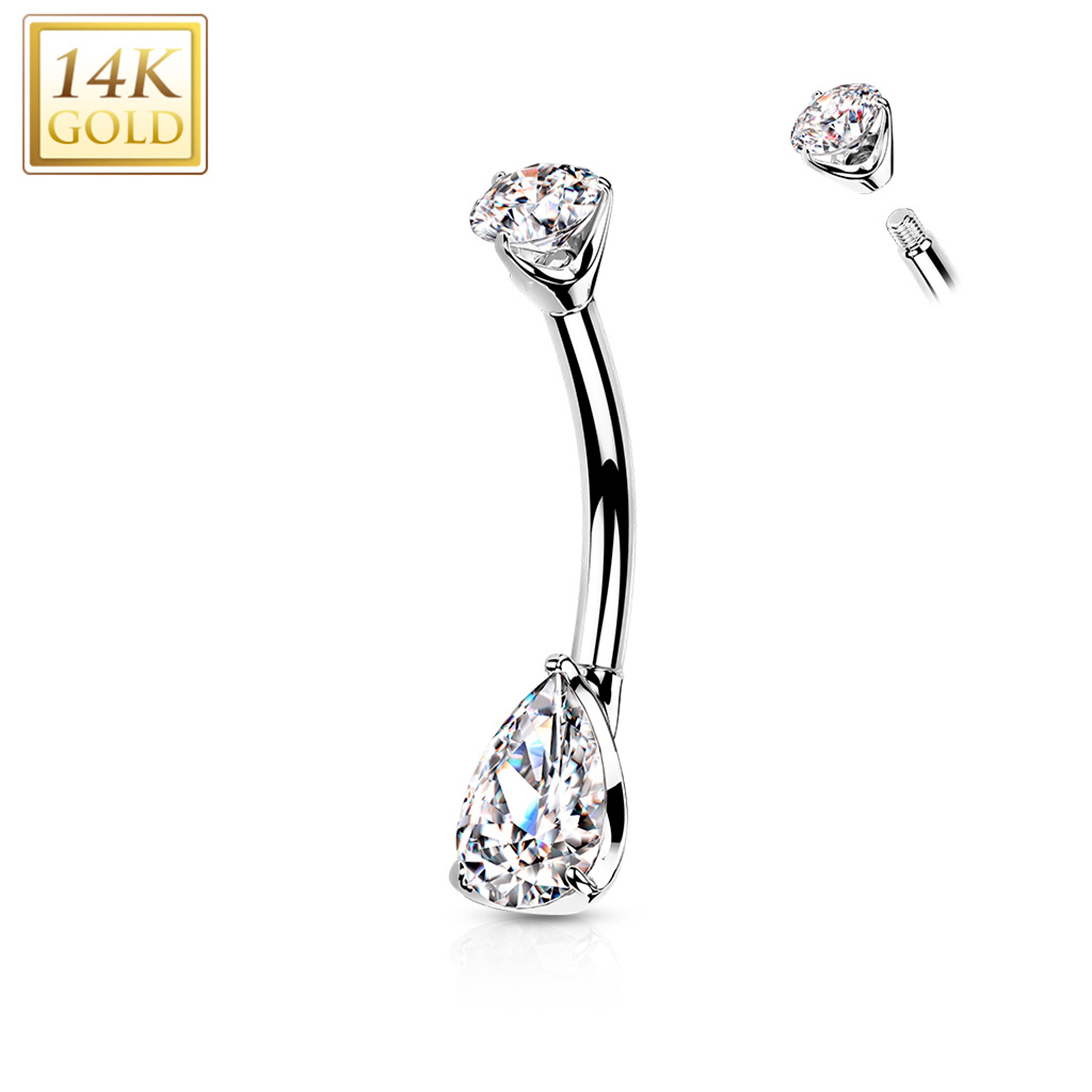 14kt Solid White Gold Double Prong Set Teardrop Cubic Zirconia Belly Ring