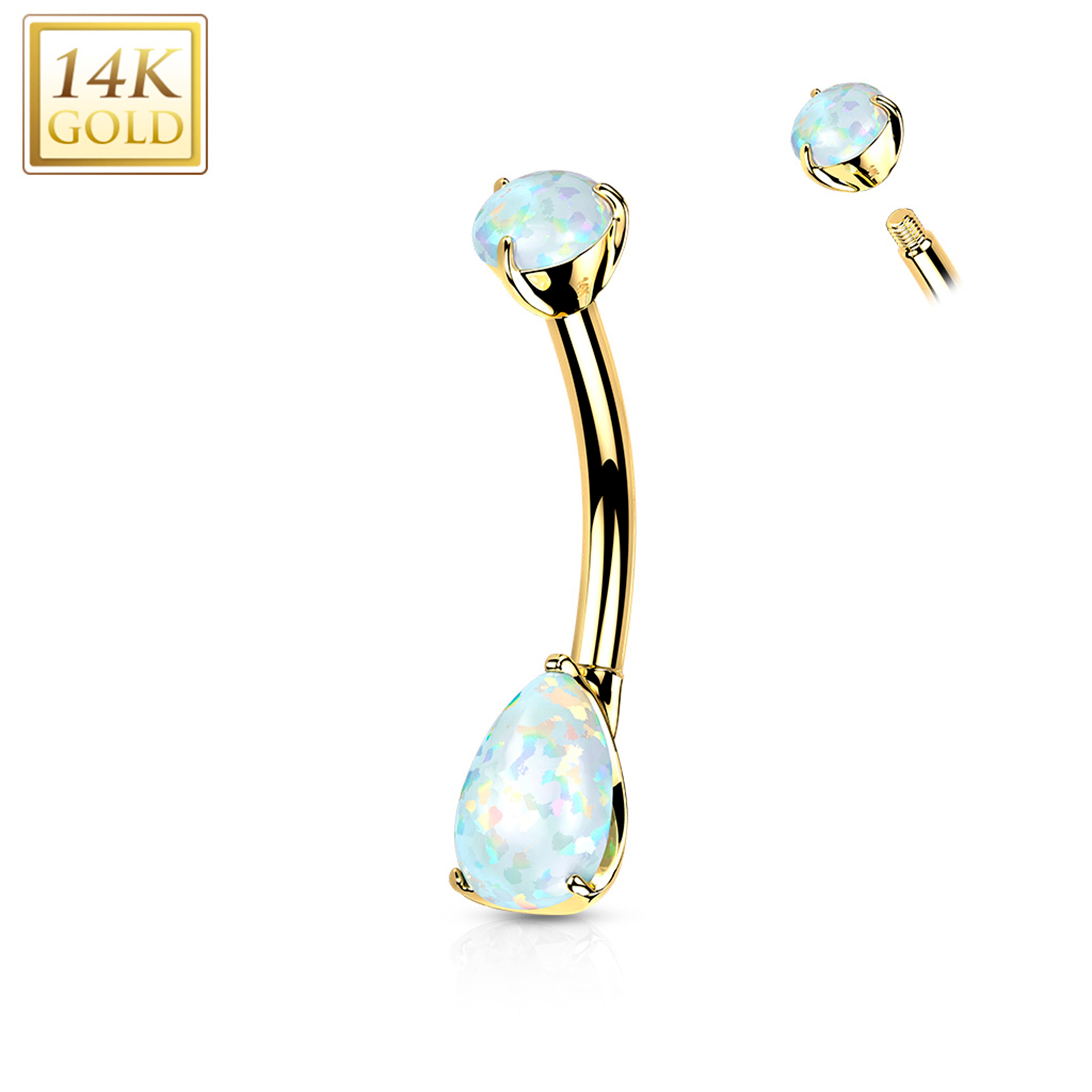 14kt Solid Yellow Gold Double Prong Set Teardrop Synthetic Opal Belly Ring