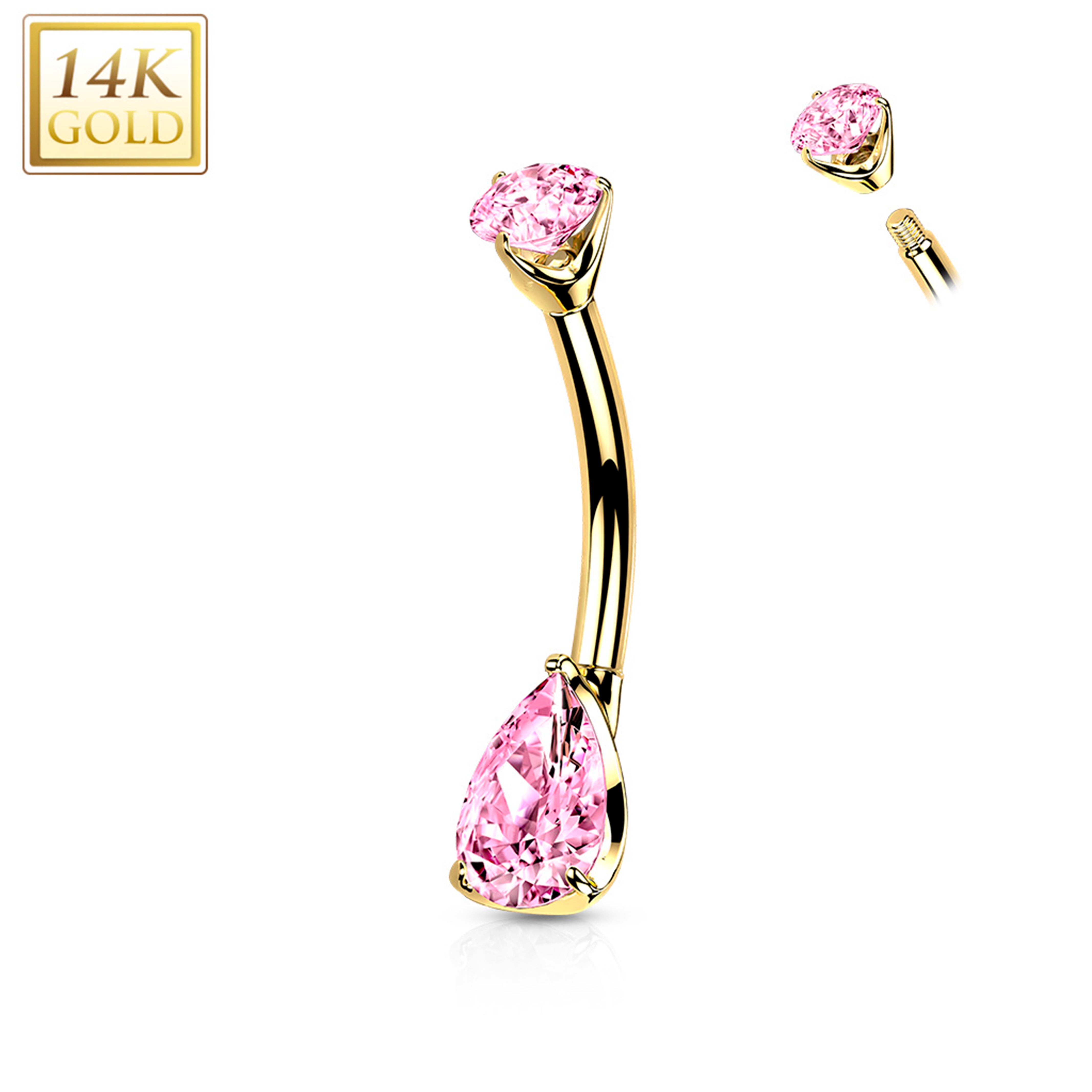 14kt Solid Yellow Gold Double Prong Set Pink Teardrop Cubic Zirconia Belly Ring