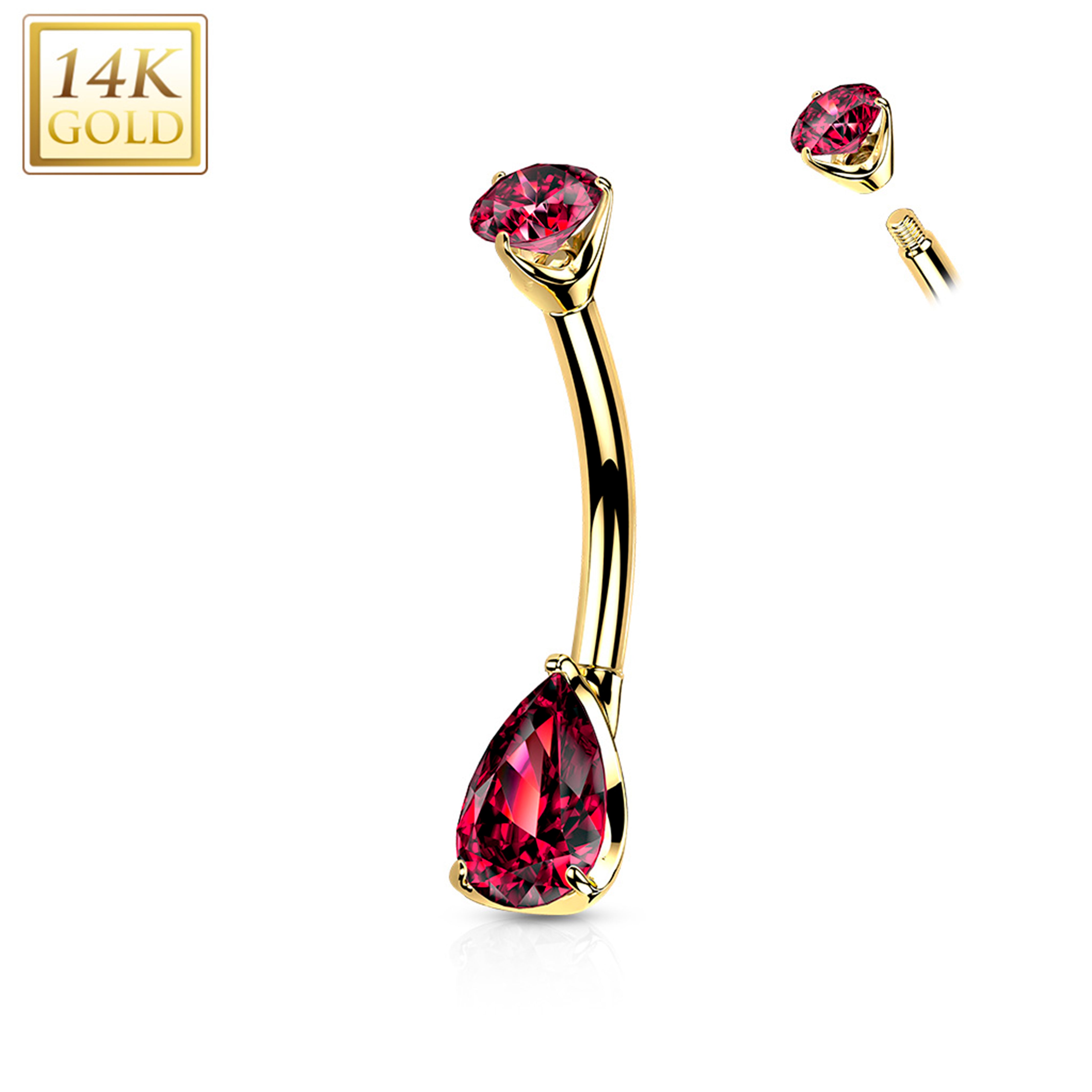 14kt Solid Yellow Gold Double Prong Set Red Teardrop Cubic Zirconia Belly Ring