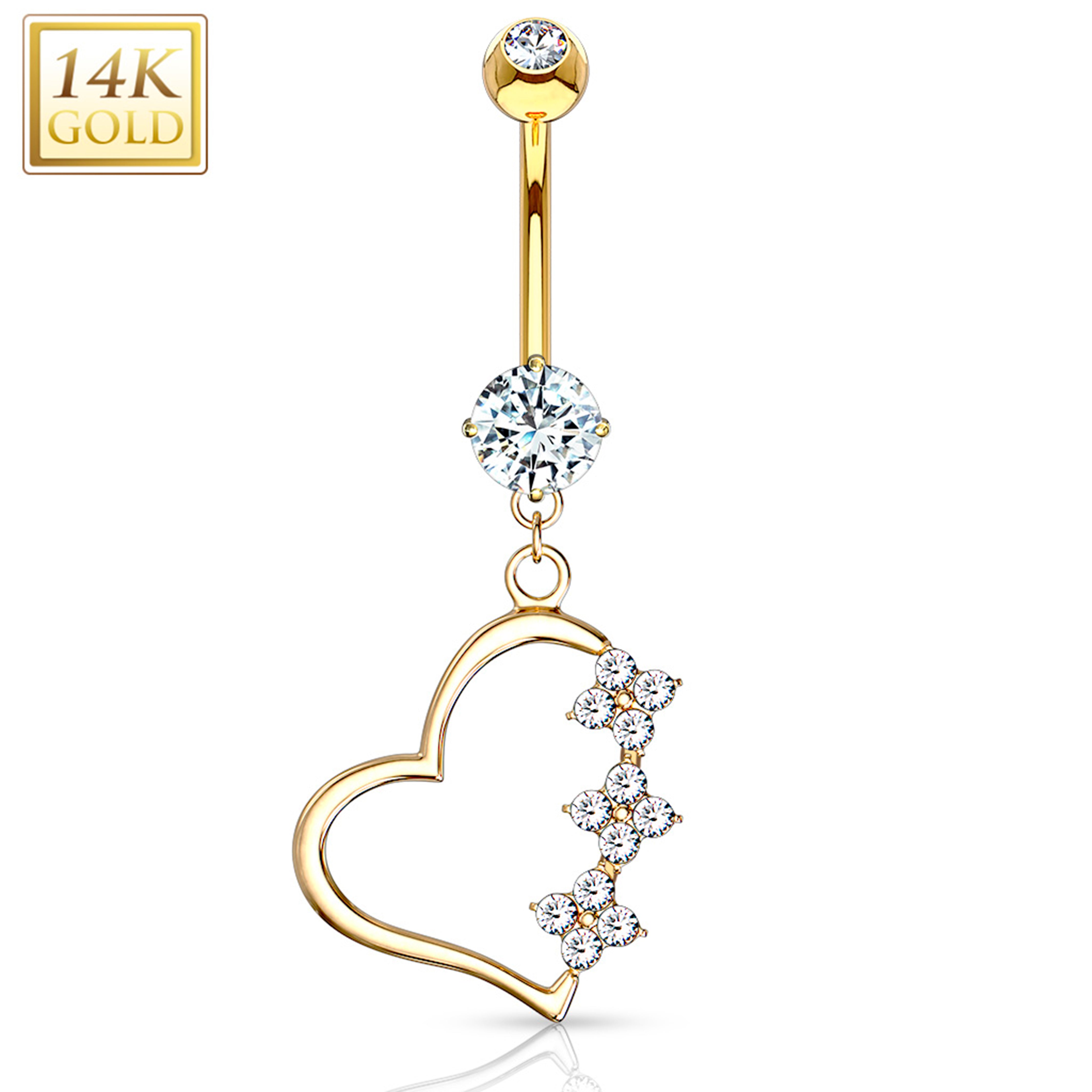 14kt Solid Yellow Gold CZ Sweet Hollow Heart Dangle Belly Ring