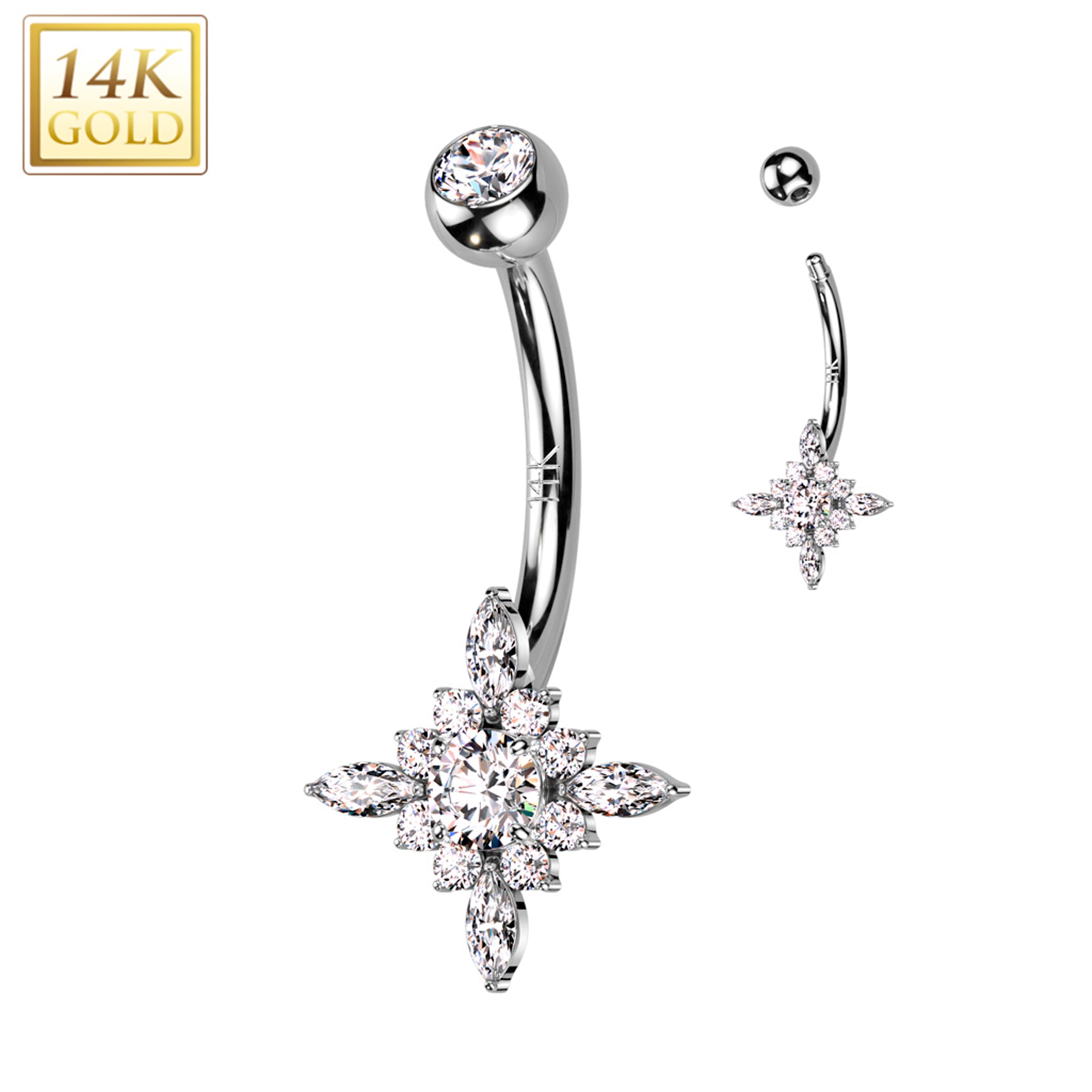 14kt Solid White Gold Cubic Zirconia Star Burst Belly Ring