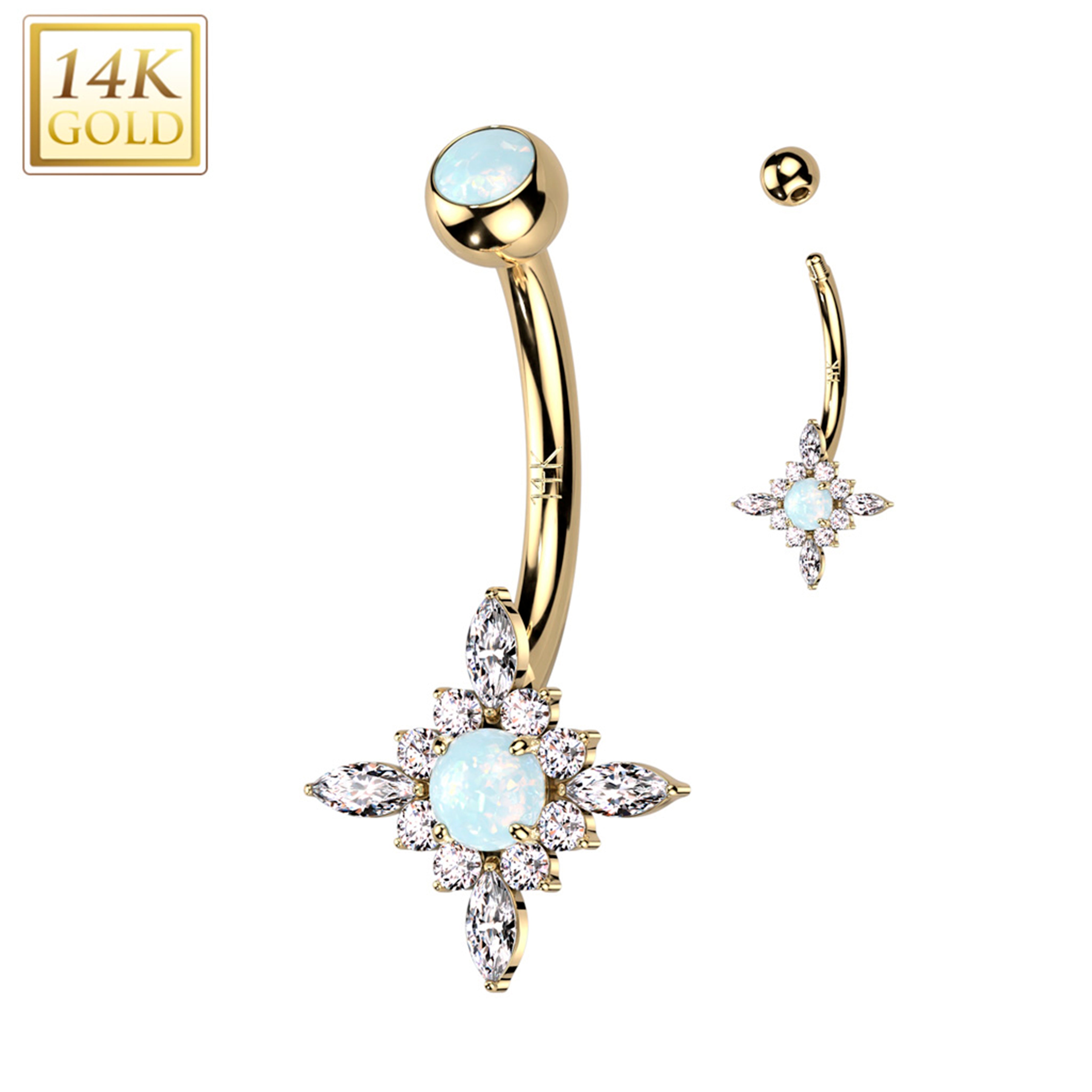 14kt Solid Yellow Gold CZ Synthetic Opal Star Burst Belly Ring