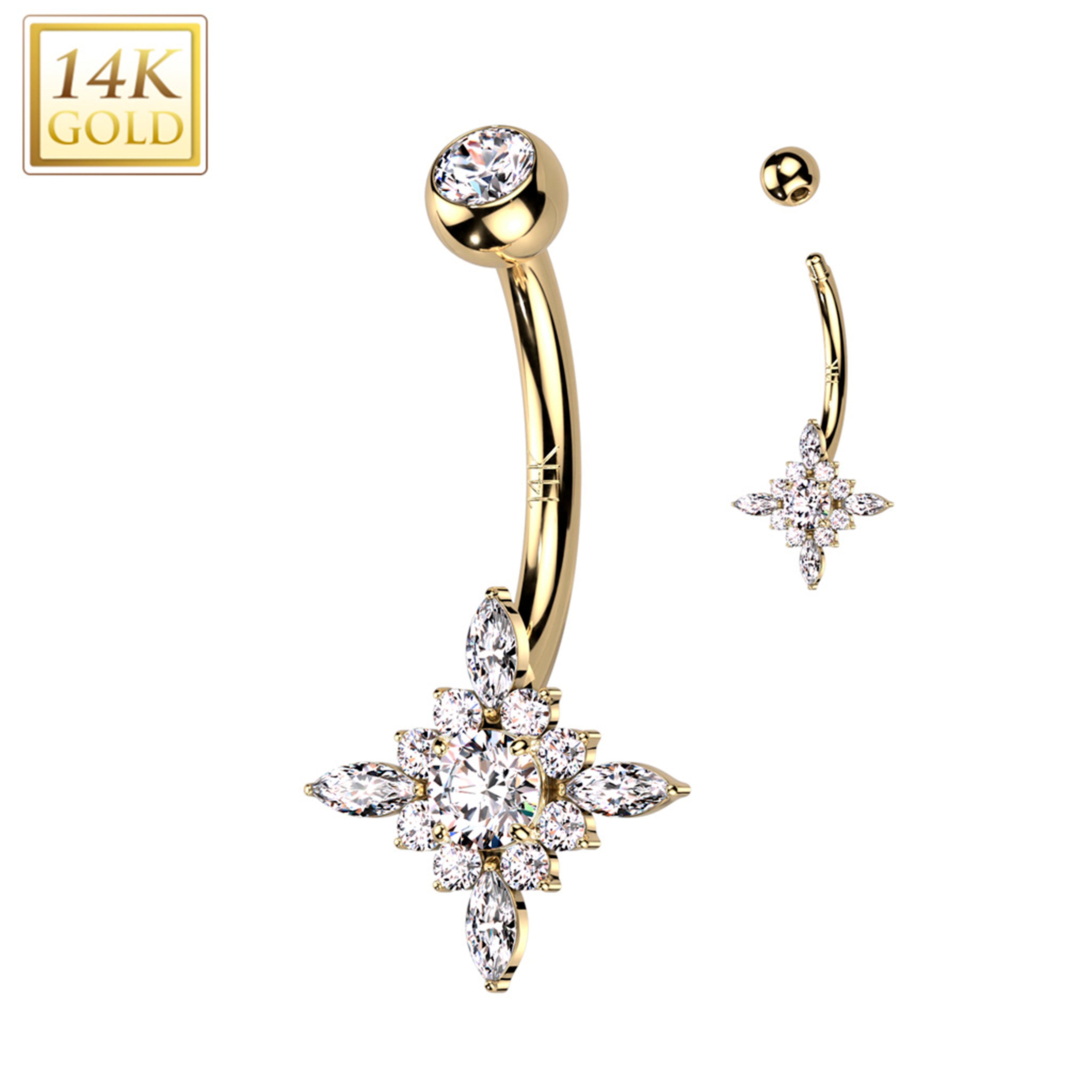 14kt Solid Yellow Gold Cubic Zirconia Star Burst Belly Ring