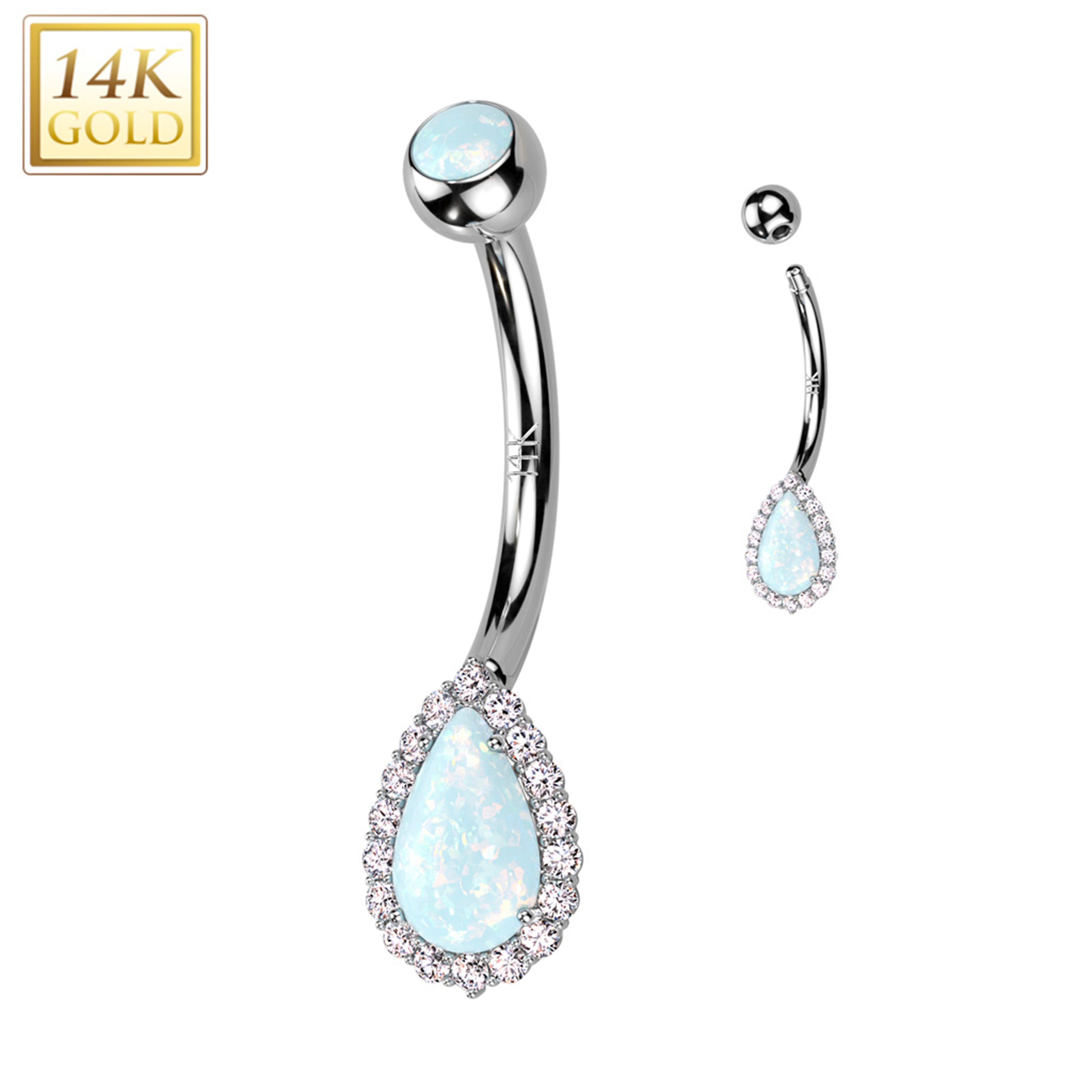 14kt Solid White Gold CZ Synthetic Opal Deco Tear Drop Belly Ring