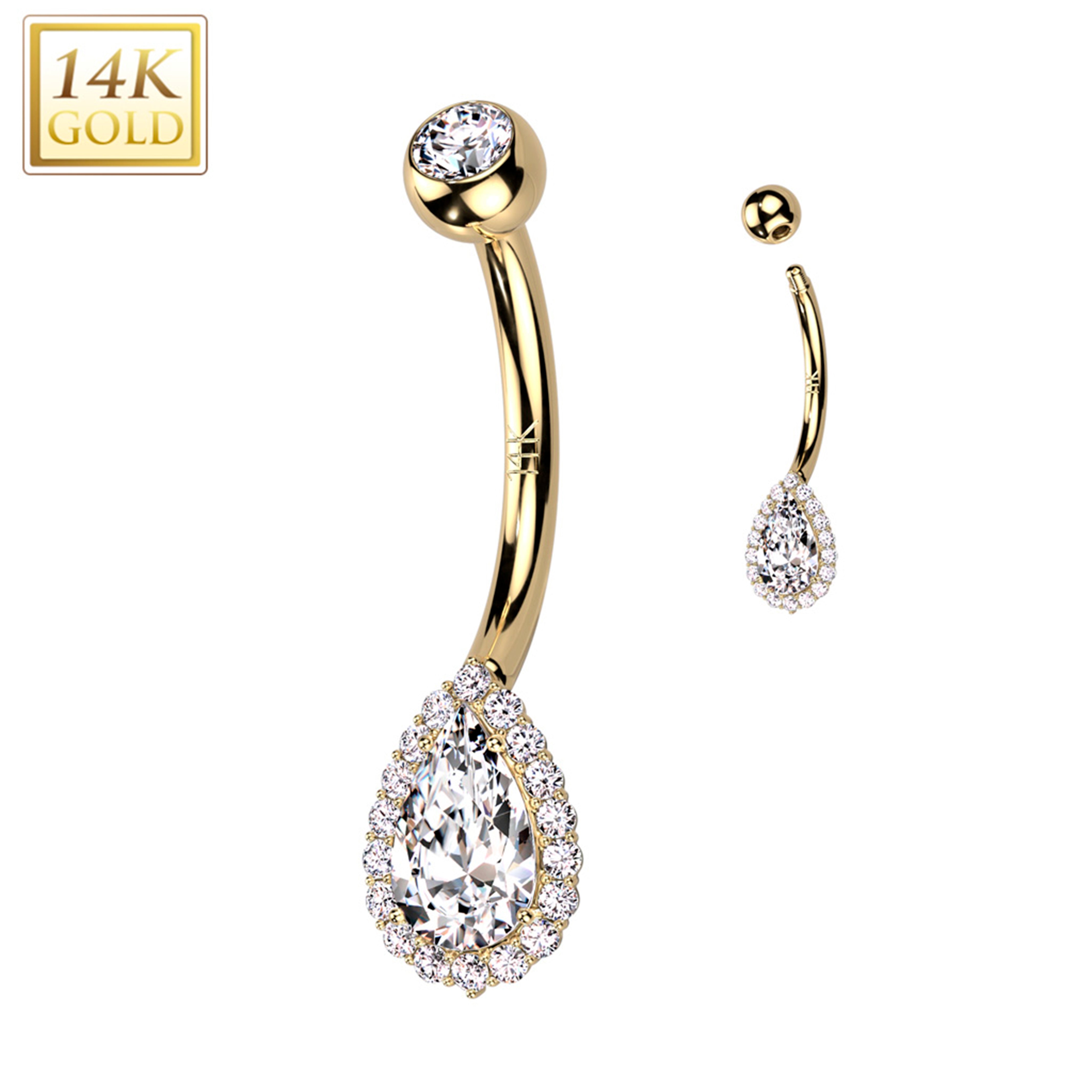 14kt Solid Yellow Gold Cubic Zirconia Deco Tear Drop Belly Ring