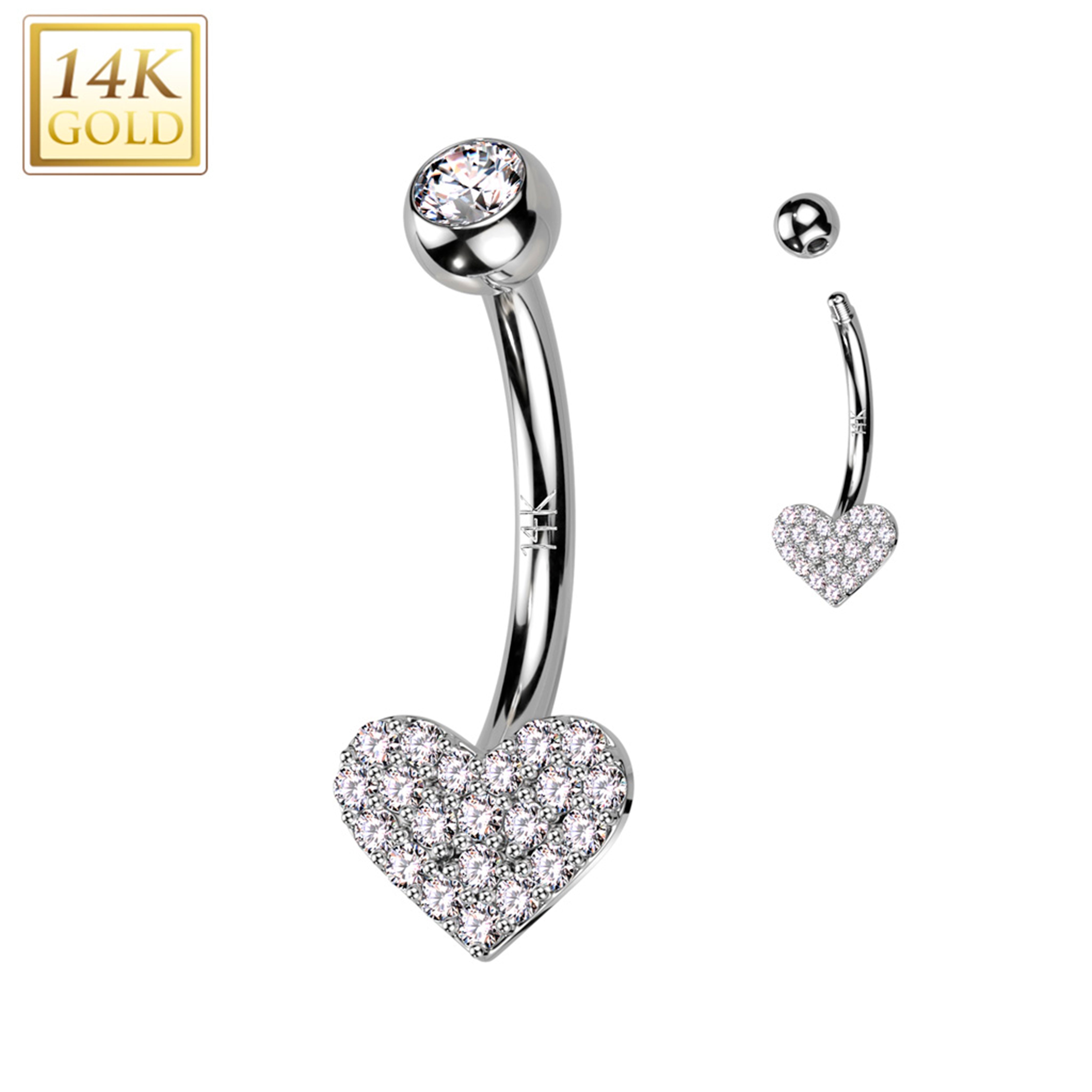 14kt Solid White Gold Cubic Zirconia Paved Heart Belly Ring