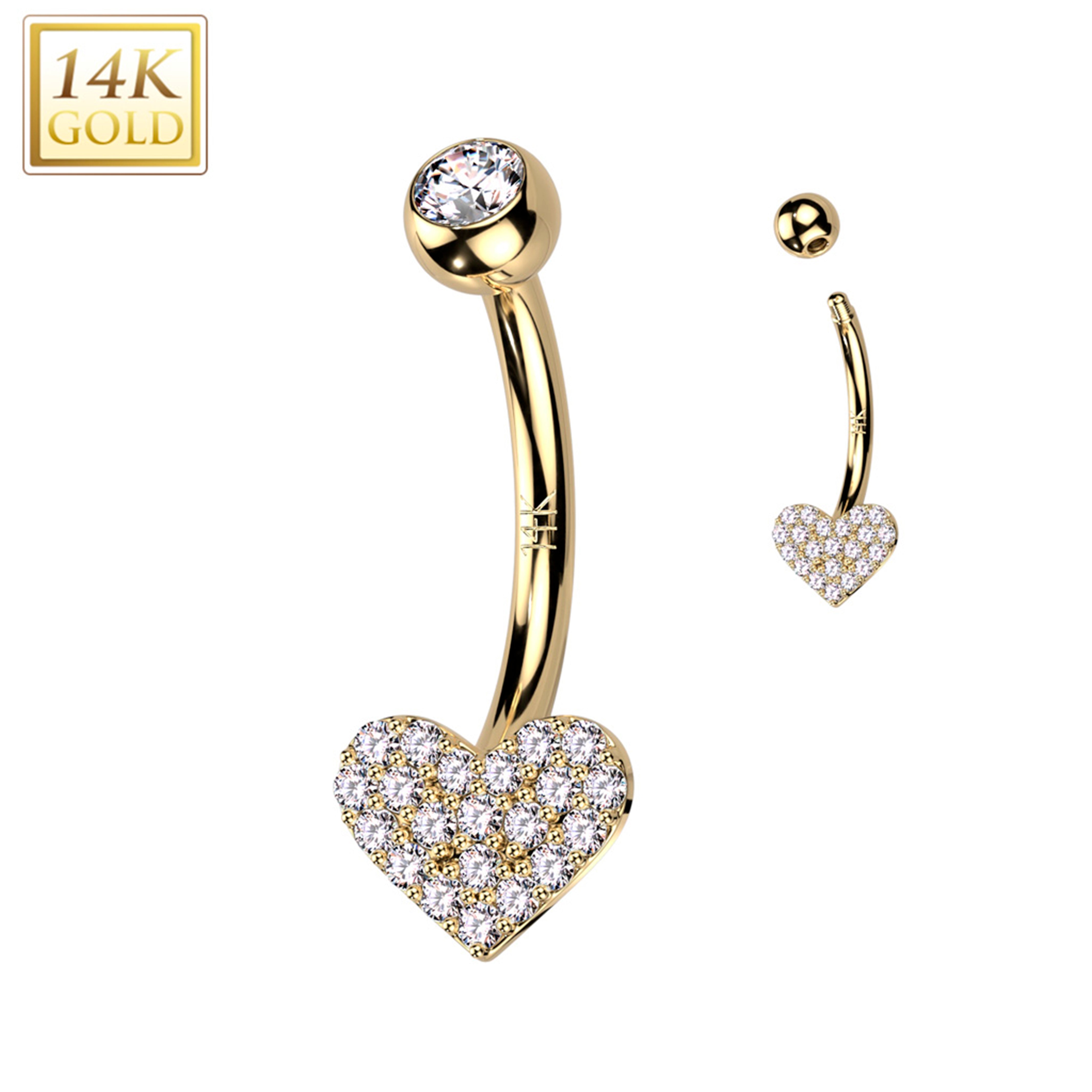 14kt Solid Yellow Gold Cubic Zirconia Paved Heart Belly Ring