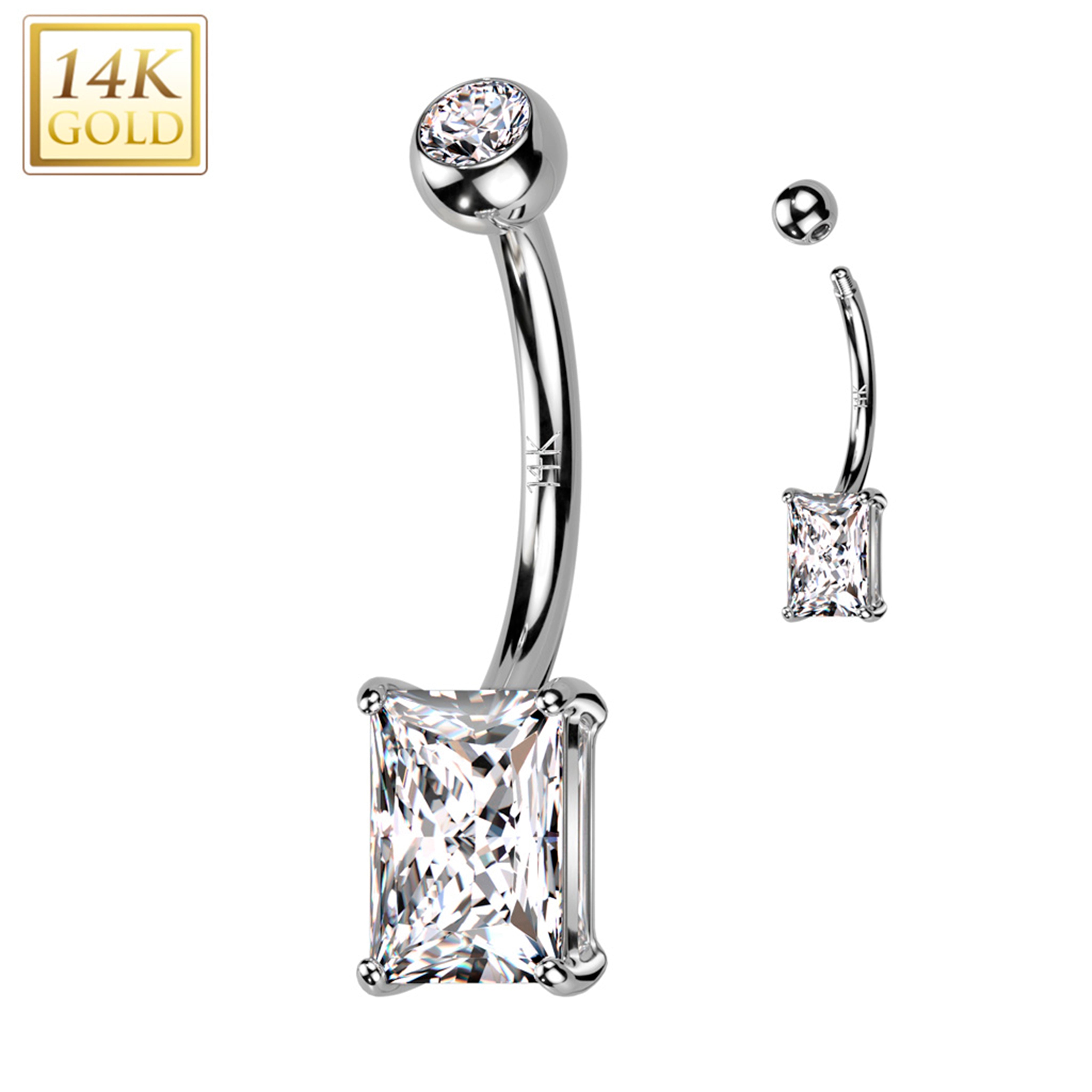 14kt Solid White Gold 6mm Princess Cubic Zirconia Belly Ring