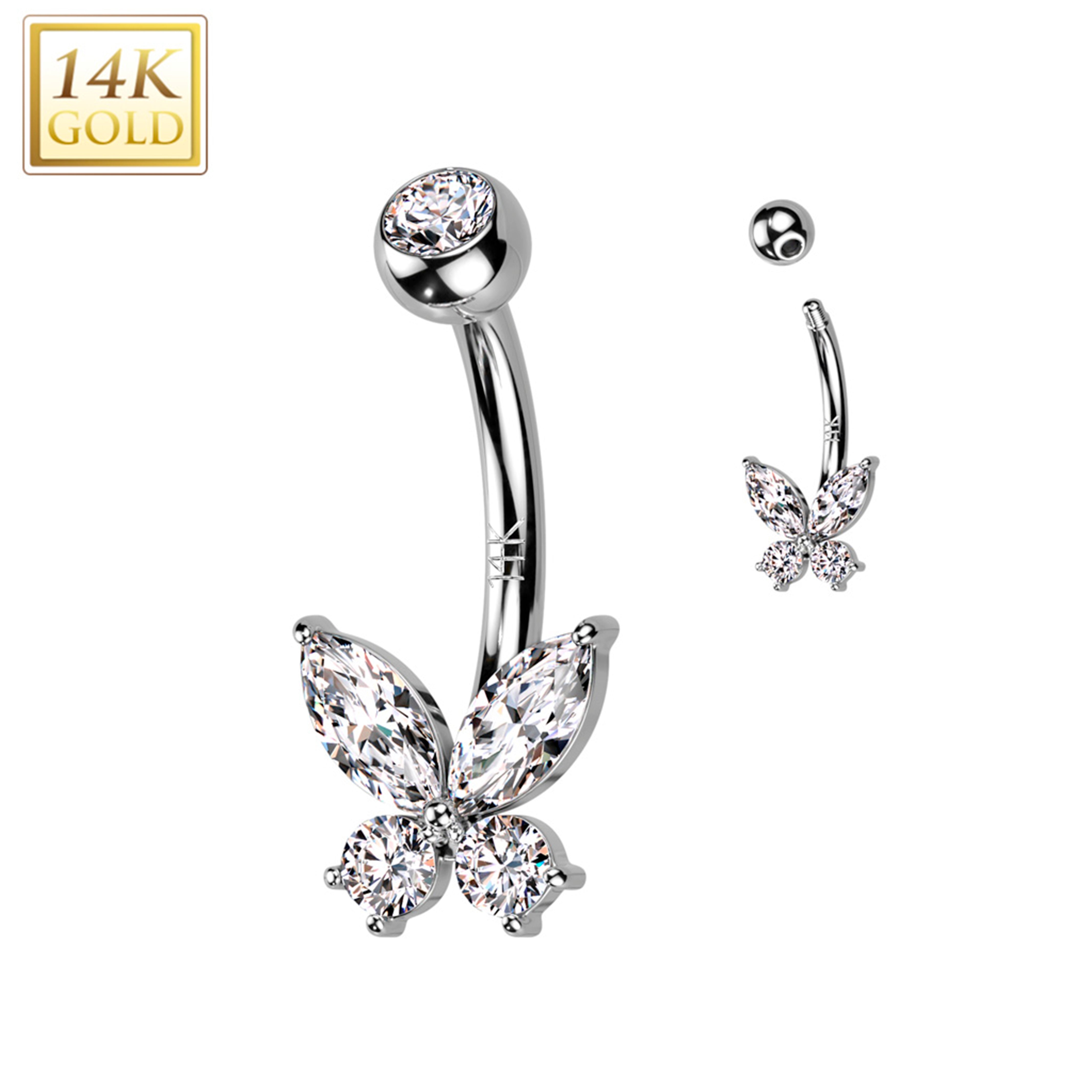 14kt Solid White Gold Cubic Zirconia Butterfly Belly Ring