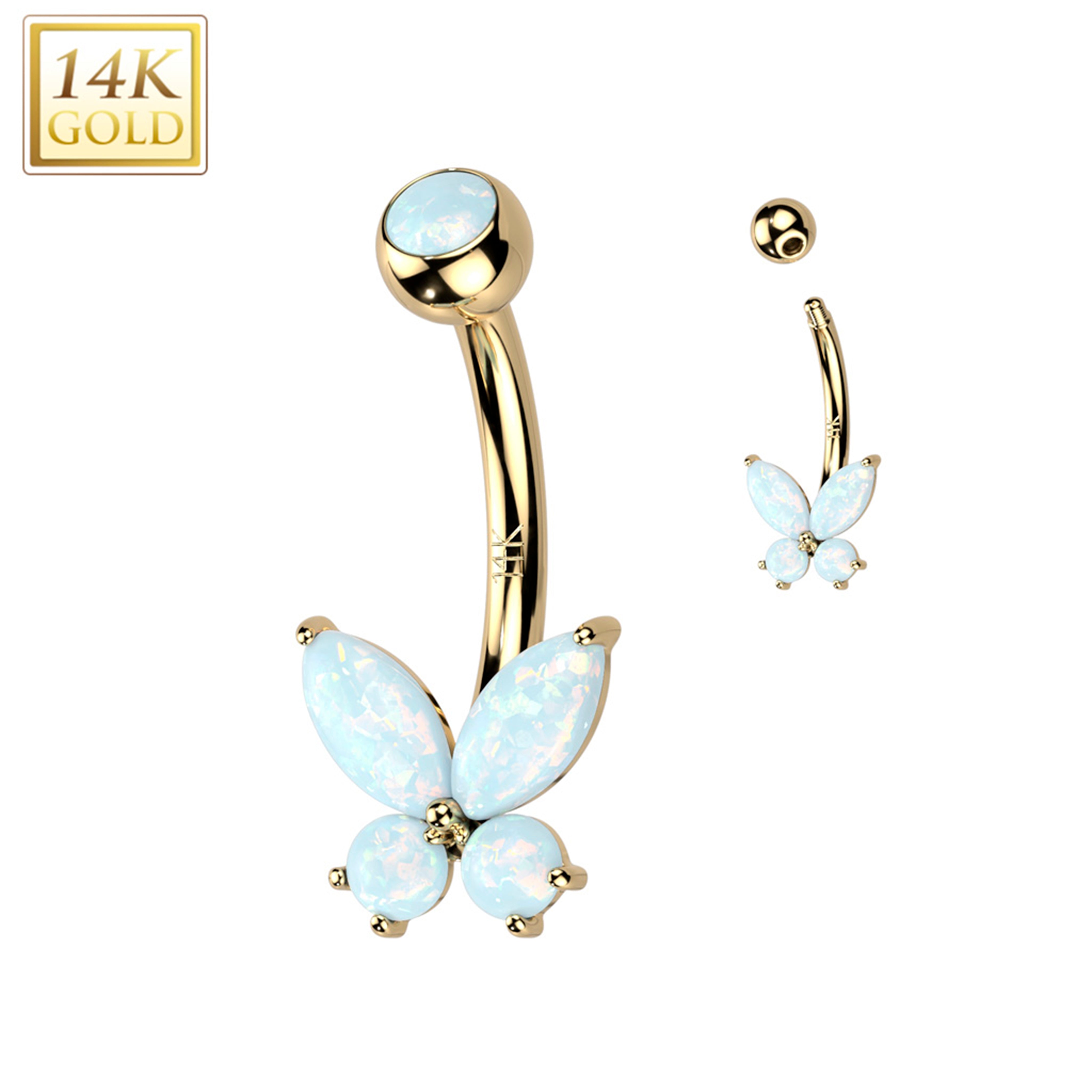 14kt Solid Yellow Gold Synthetic Opal Butterfly Belly Ring