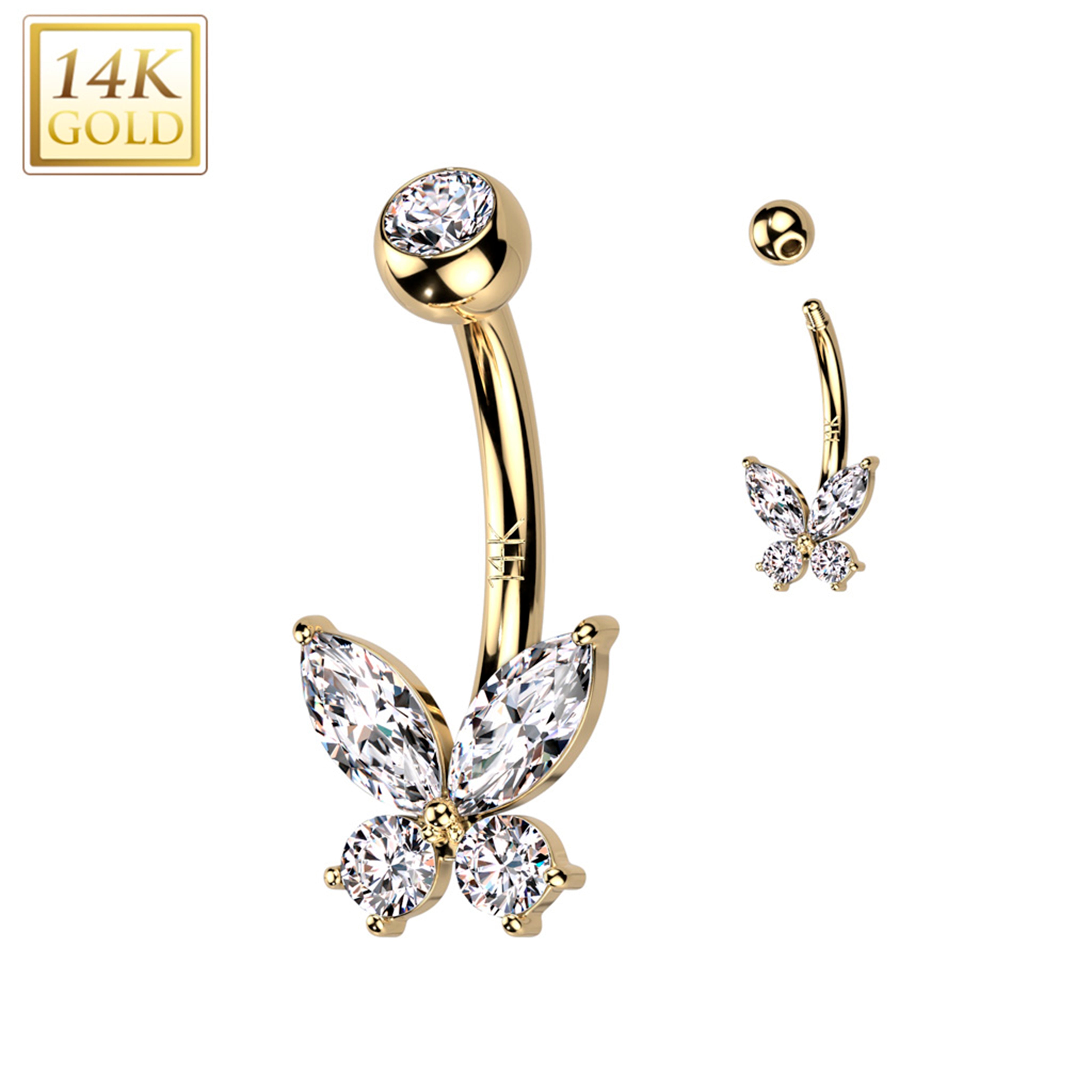 14kt Solid Yellow Gold Cubic Zirconia Butterfly Belly Ring