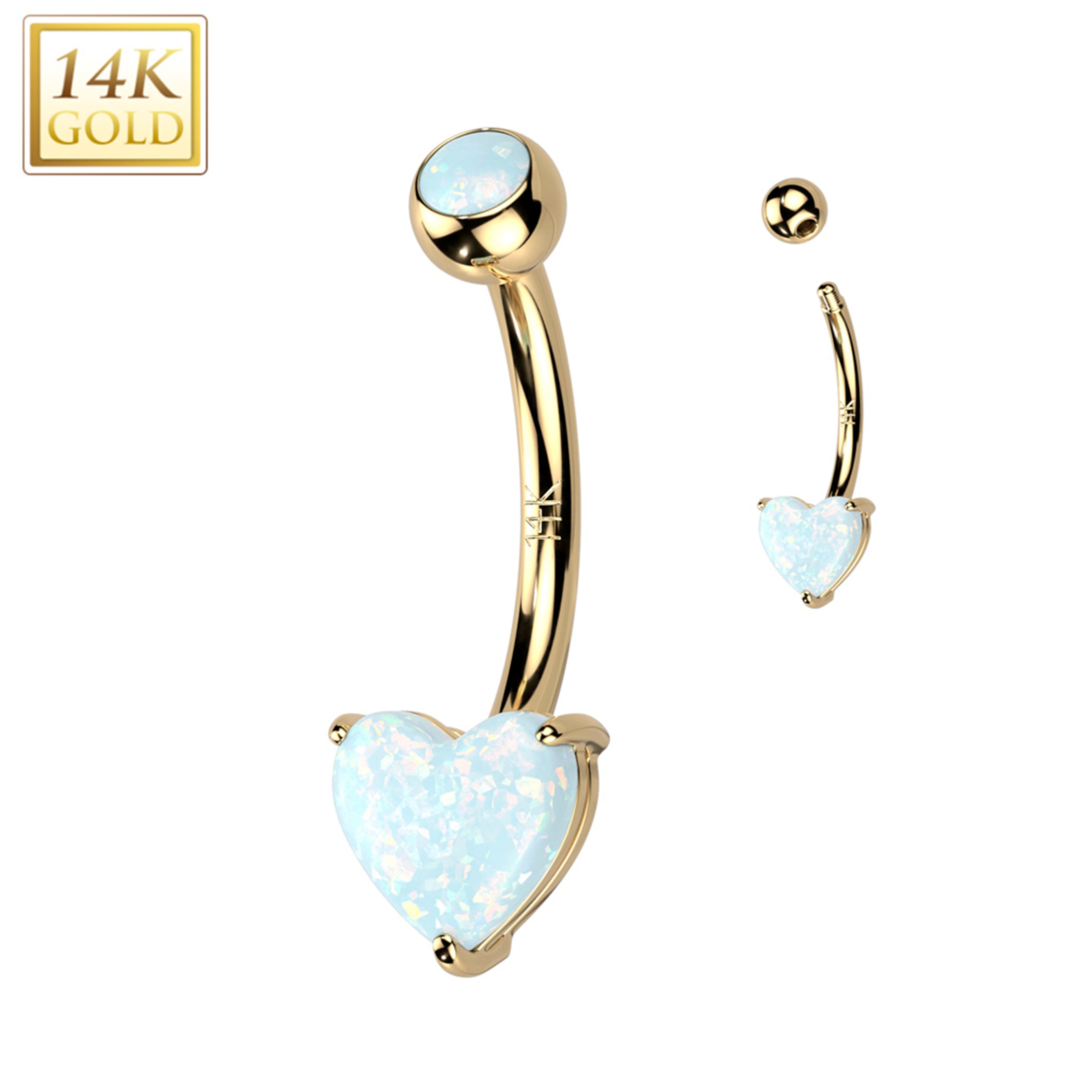 14kt Solid Yellow Gold 6mm Synthetic Opal Heart Belly Ring