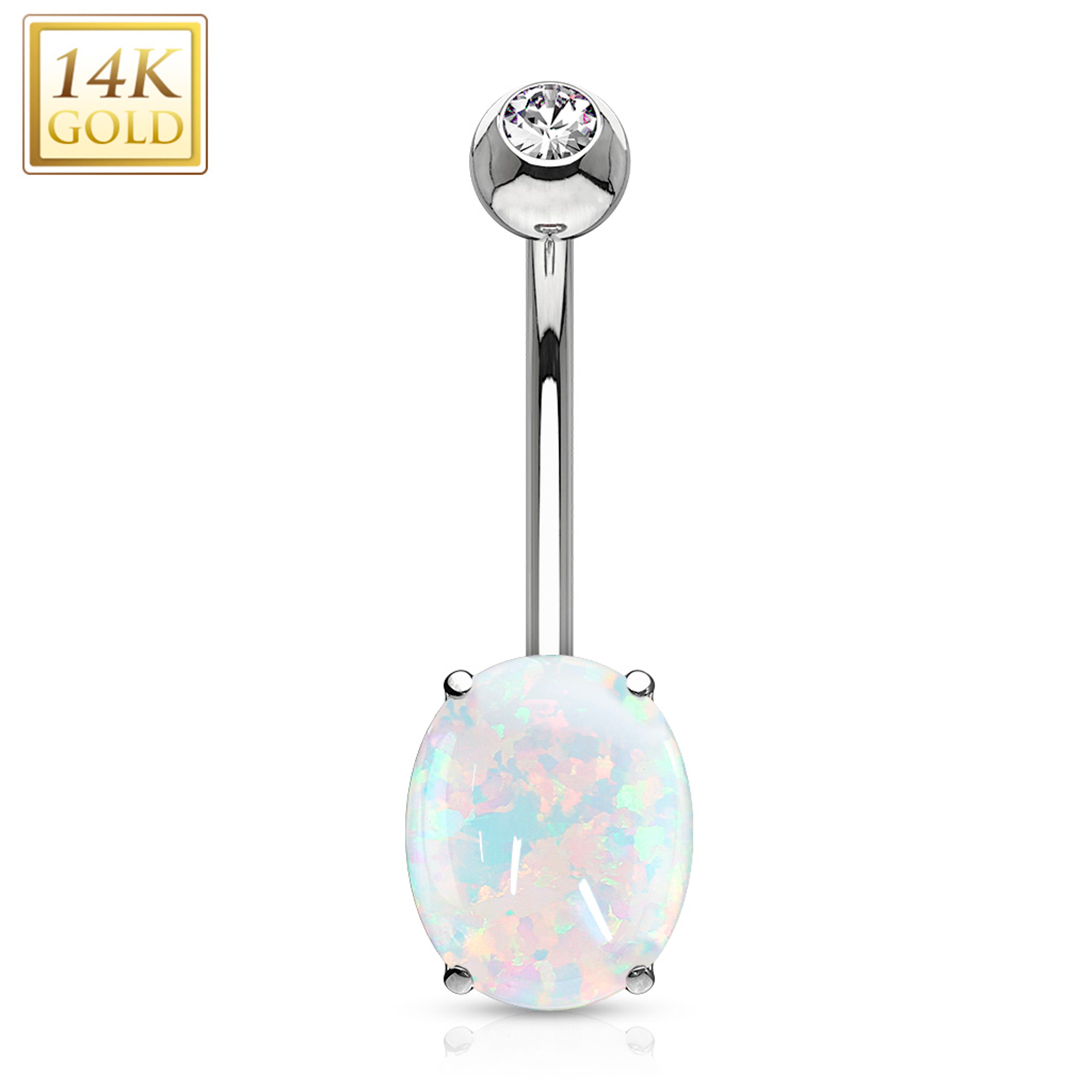 14kt Solid White Gold 8mm Oval Synthetic Opal Belly Ring