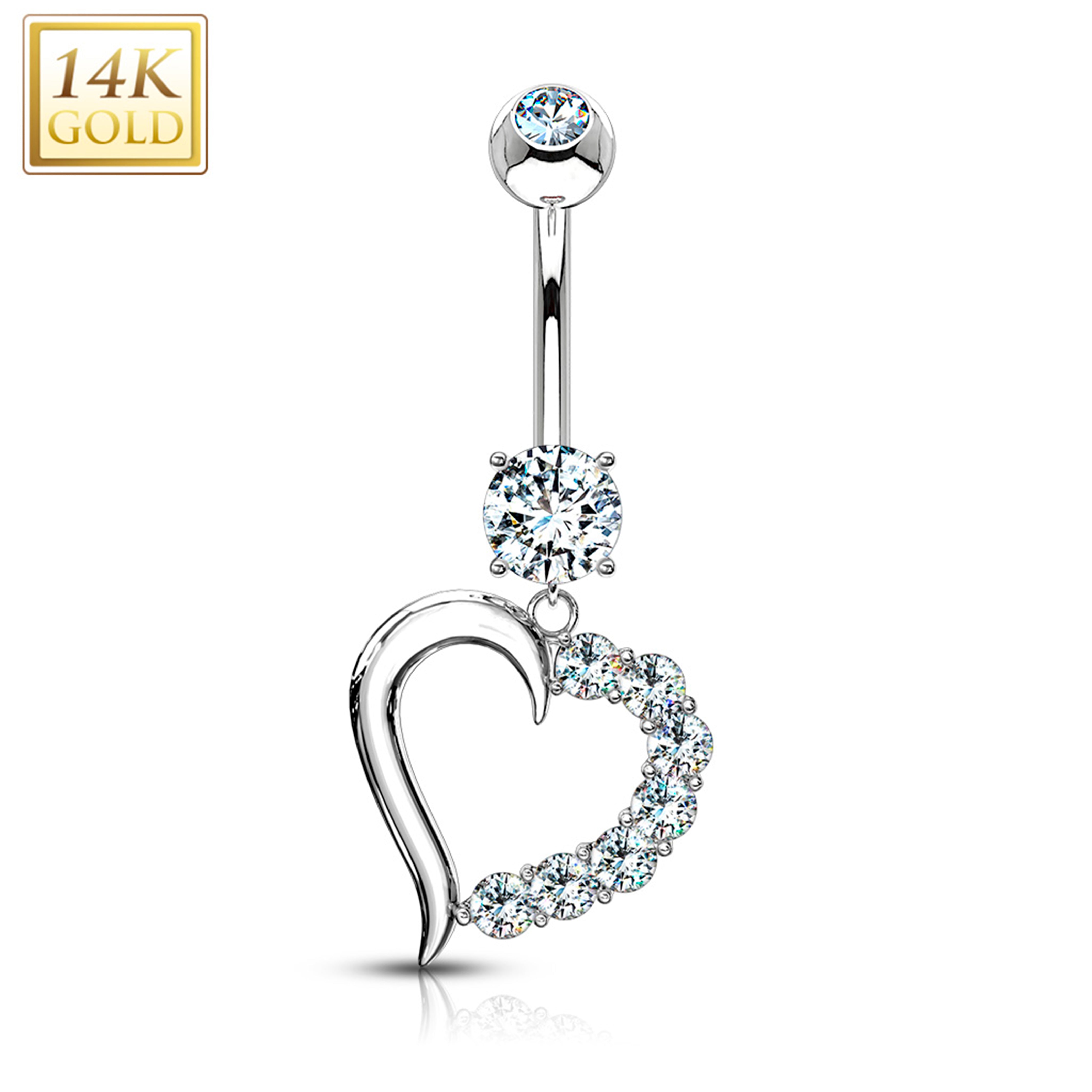 14kt Solid White Gold CZ Posh Hollow Heart Dangle Belly Ring