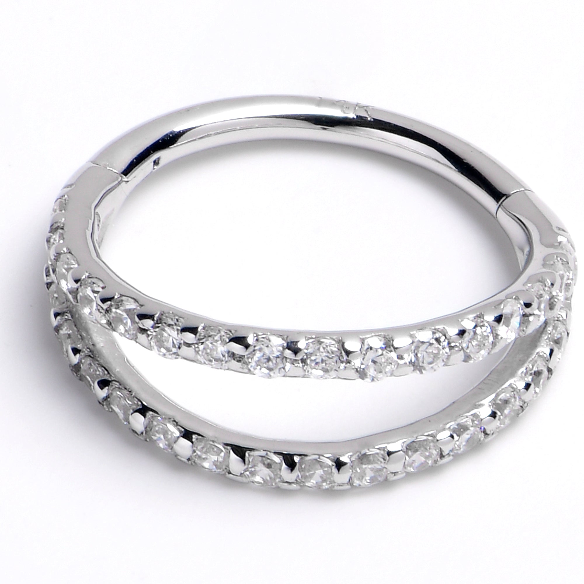 16 Gauge 3/8 Solid 14KT White Gold Clear CZ Gem Hinged Segment Ring