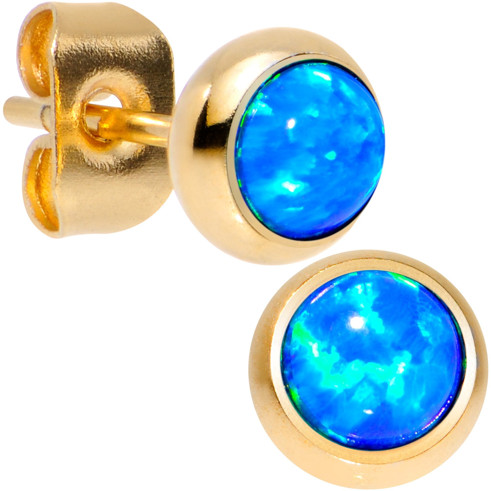 Blue Synthetic Opal Gold IP 316L Surgical Steel Stud Earrings