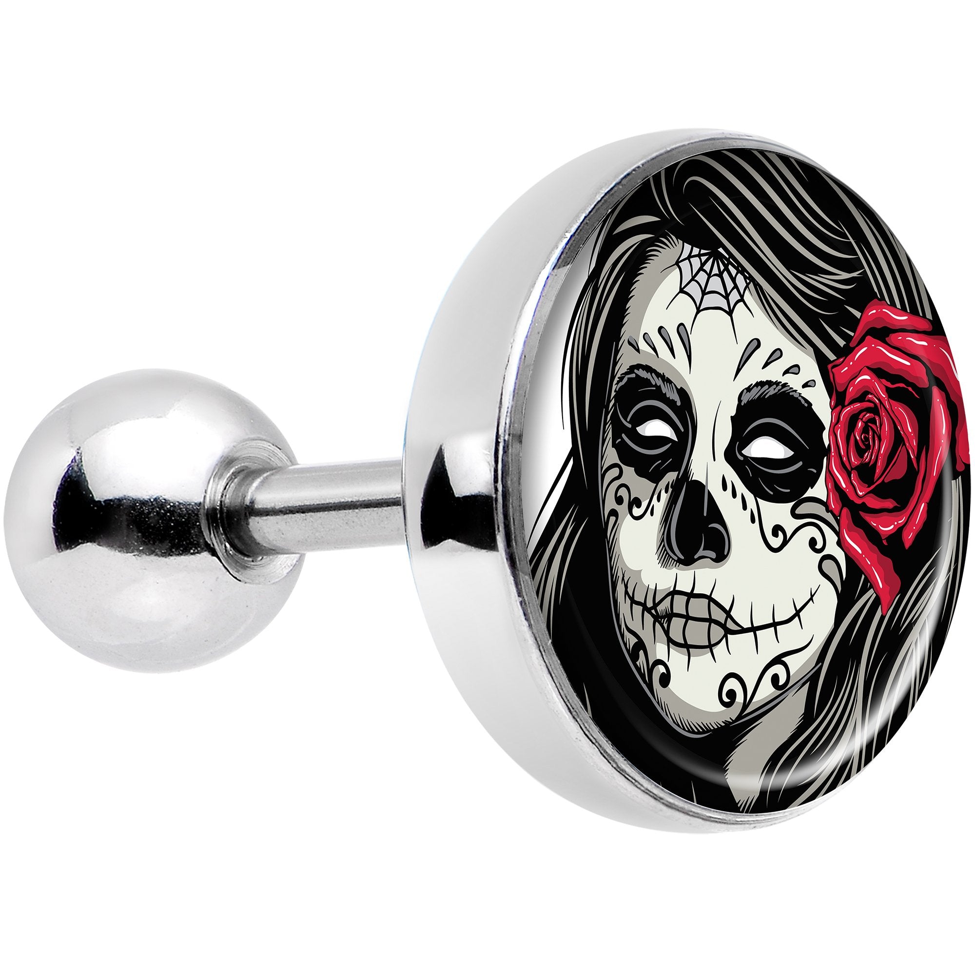 16 Gauge 1/4 Katrina Sugar Skull with Rose Flower Tragus Cartilage Earring