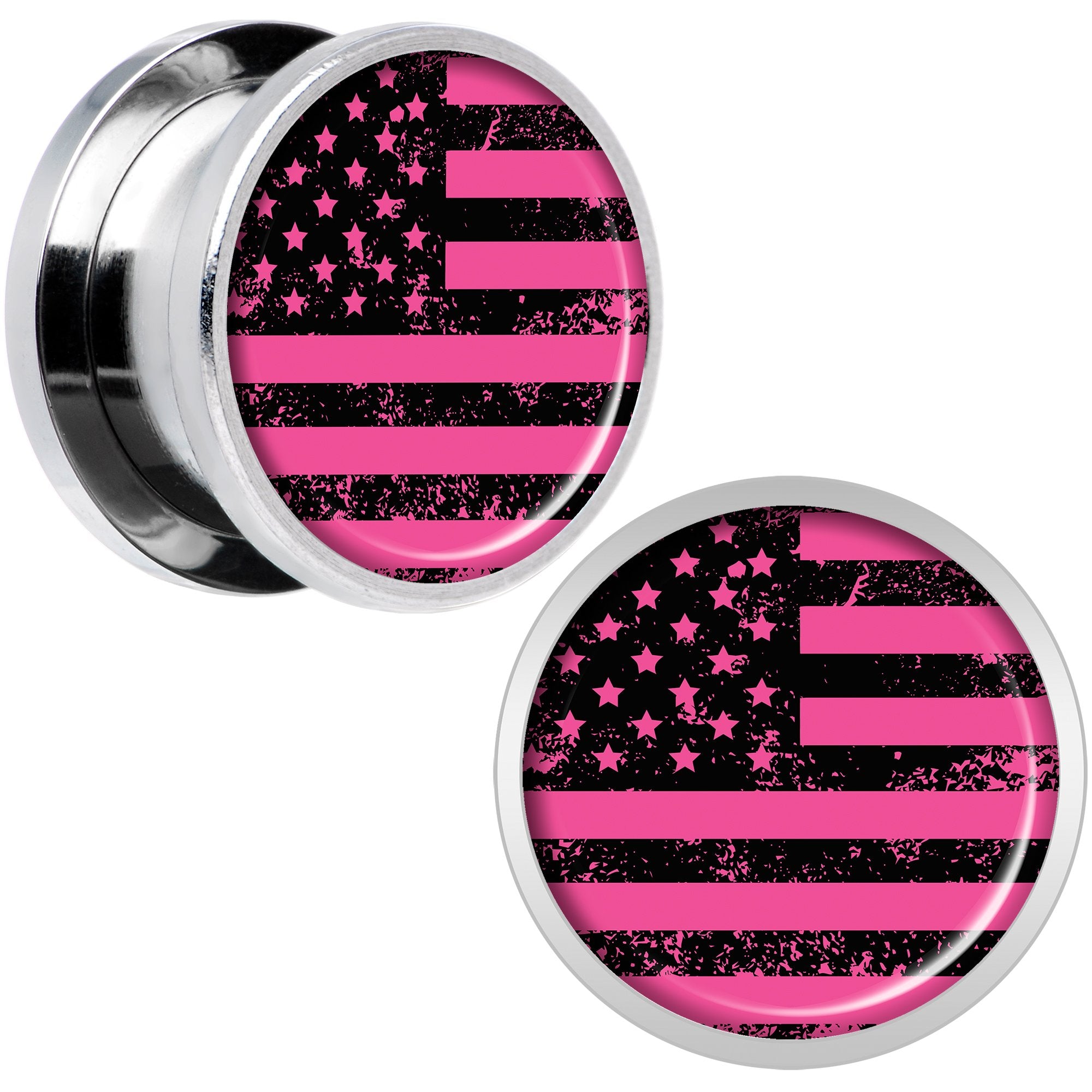 Pink American Flag Steel Screw Fit Plug Set 9/16