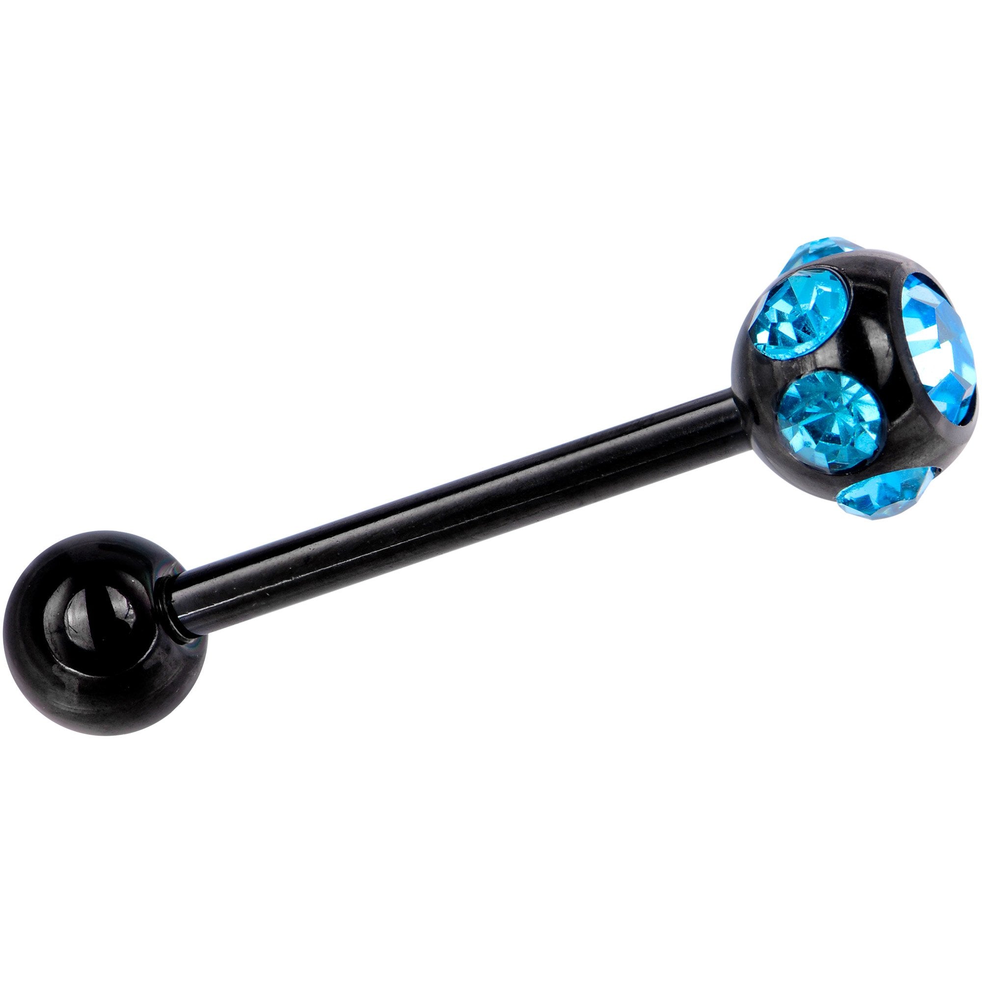 Aqua CZ Gem Black Titanium IP Barbell Tongue Ring