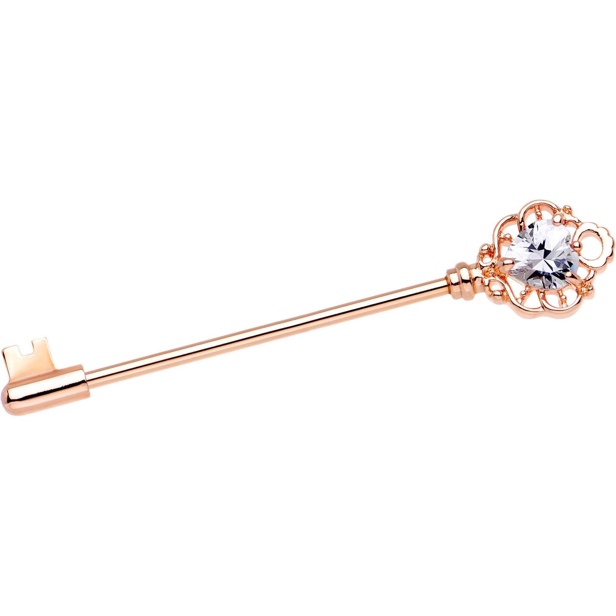 Clear CZ Heart Rose Gold PVD Filigree Key Industrial Barbell 32mm