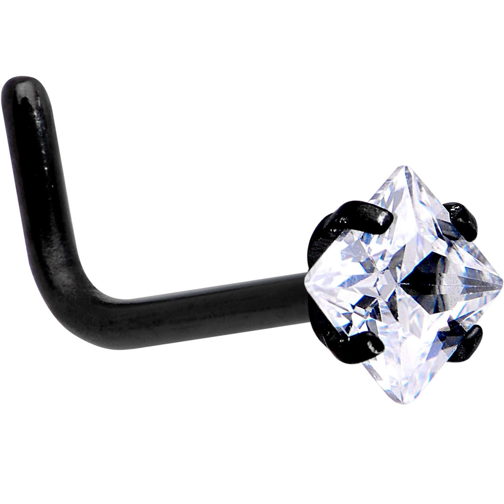 20 Gauge 1/4 Clear Square 2.5mm CZ Gem Black IP L-Shape Nose Ring