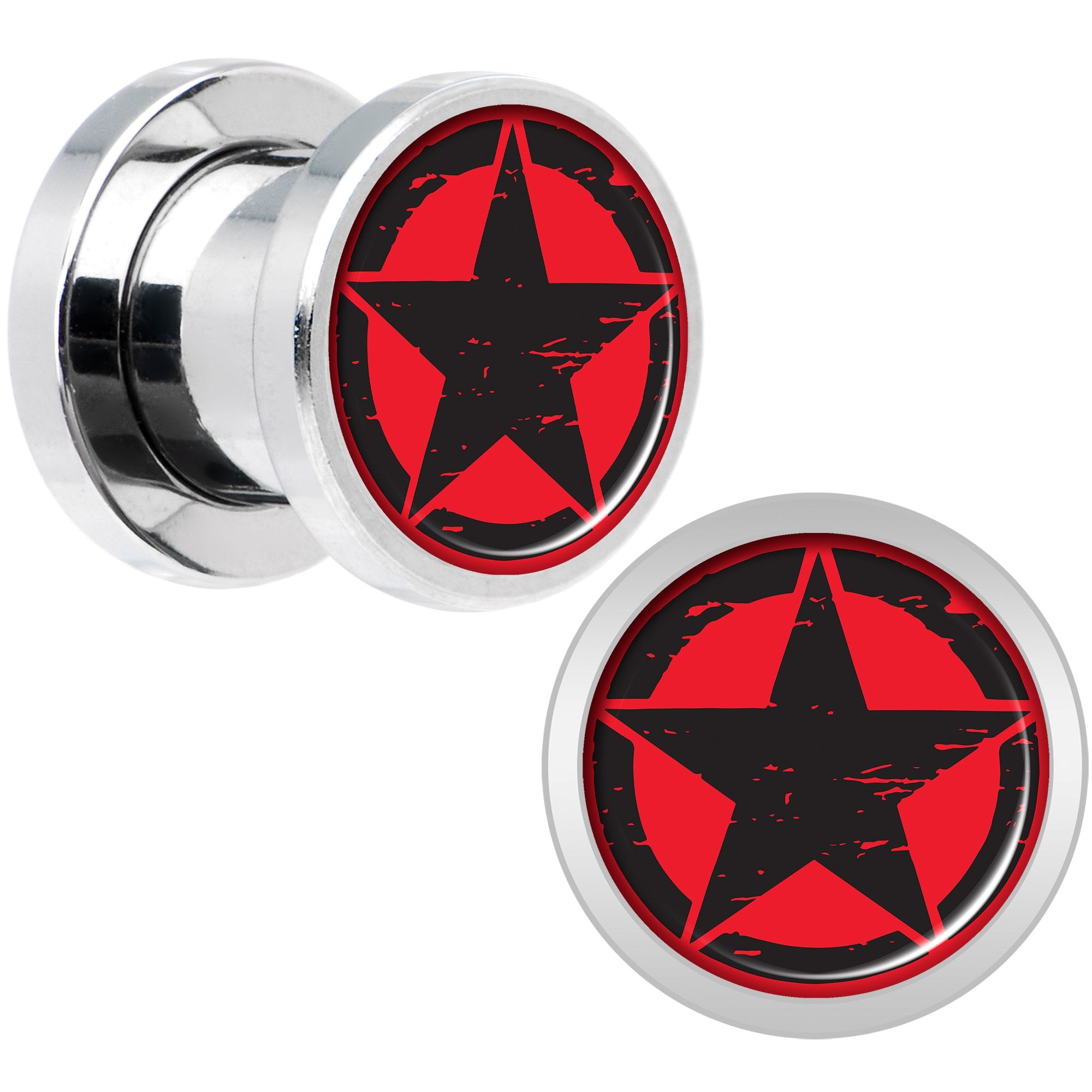 Black Red Distressed Star Steel Screw Fit Plug Set 0 Gauge