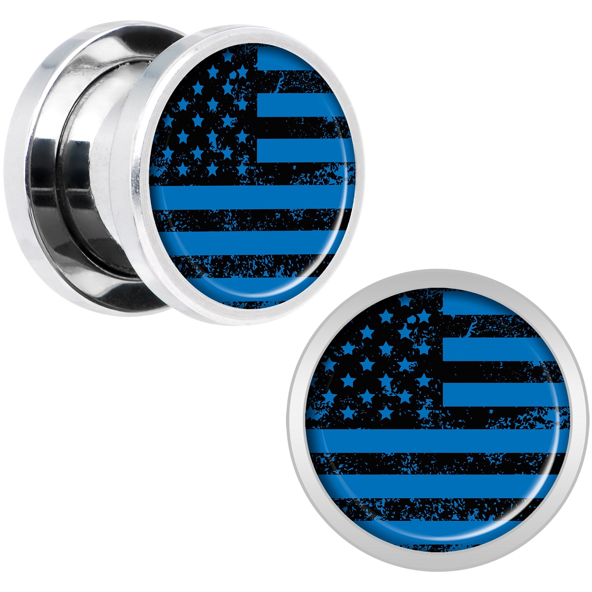 Blue American Flag Steel Screw Fit Plug Set 00 Gauge